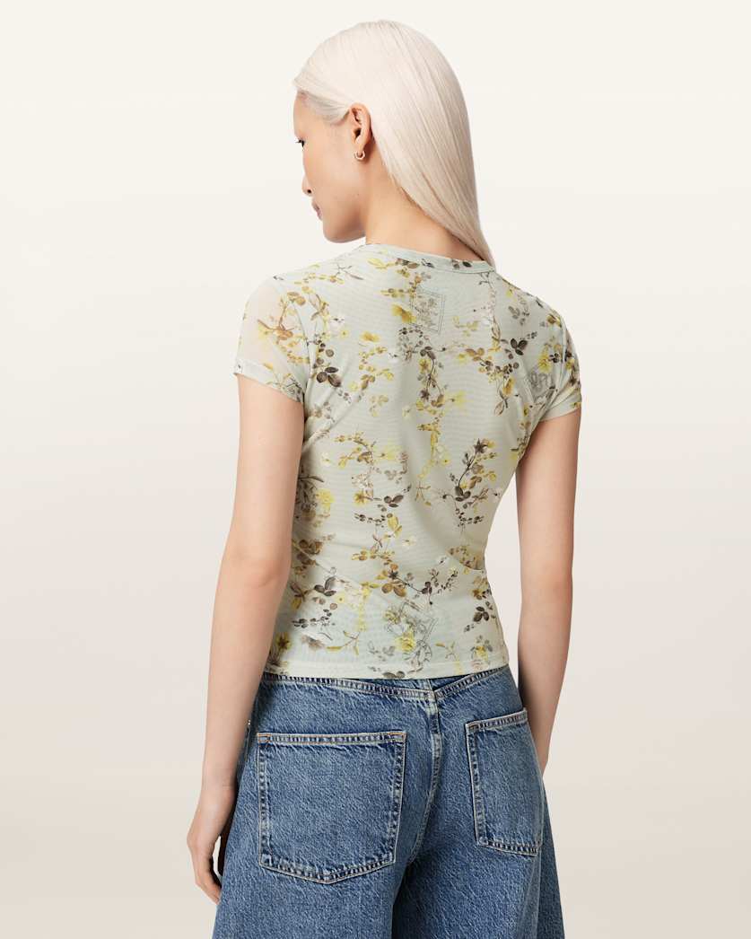 AllSaints Ellie Mesh Floral Print Slim T Shirt Women's Carmel Stem Green Women's