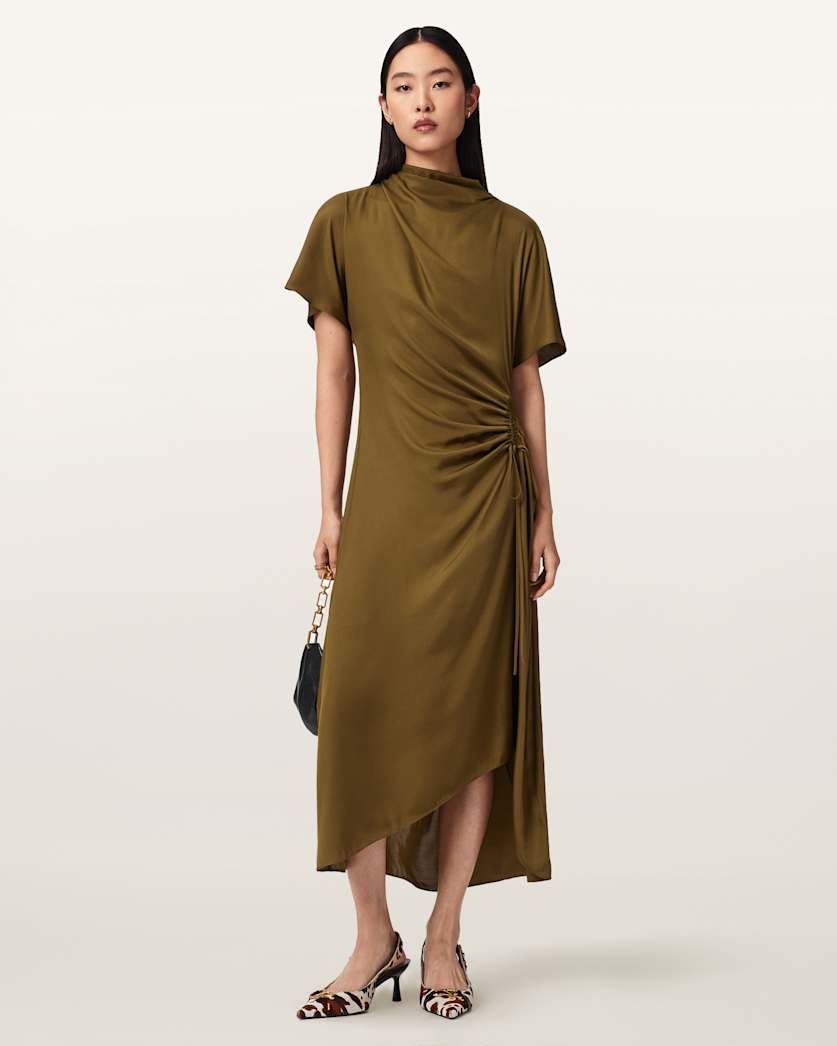 AllSaints Rosie Silk Blend Midi Dress Women's Khaki Green Women's