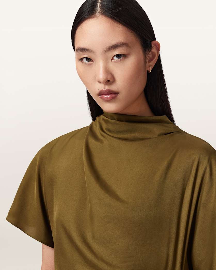 AllSaints Rosie Silk Blend Midi Dress Women's Khaki Green Women's