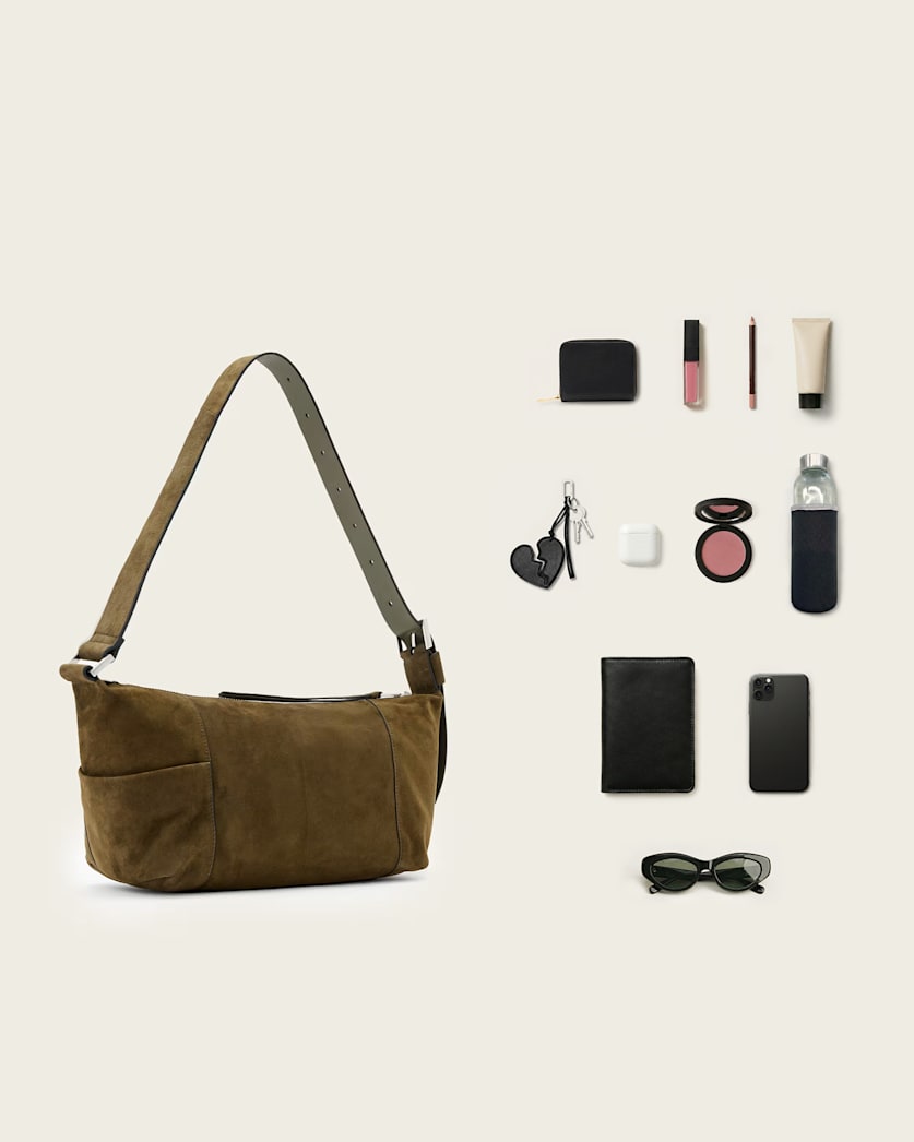 AllSaints Vega Suede Shoulder Bag Women's Olive Green Women's