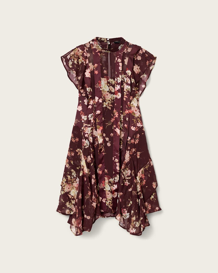 AllSaints Fleur Asymmetric Floral Dress Women's Armada Wine Red Women's