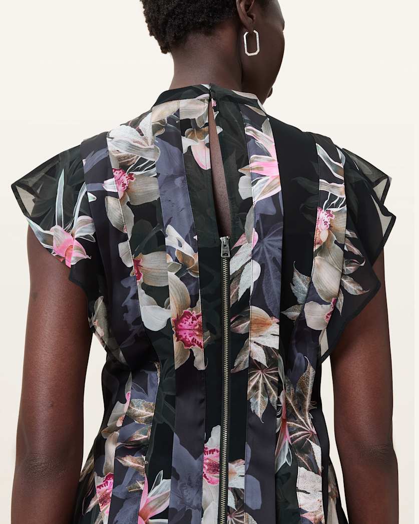 AllSaints Fleur Printed Asymmetric Mini Dress Women's Adena Black Women's