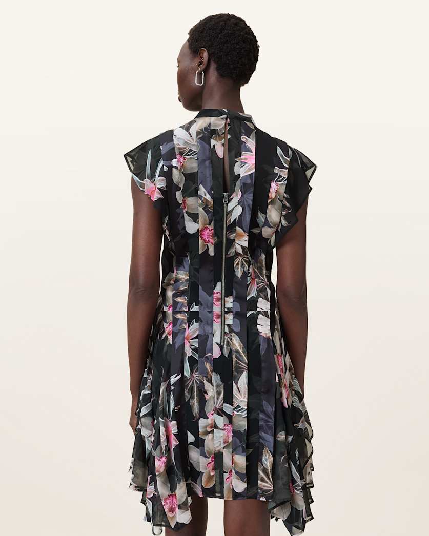 AllSaints Fleur Printed Asymmetric Mini Dress Women's Adena Black Women's