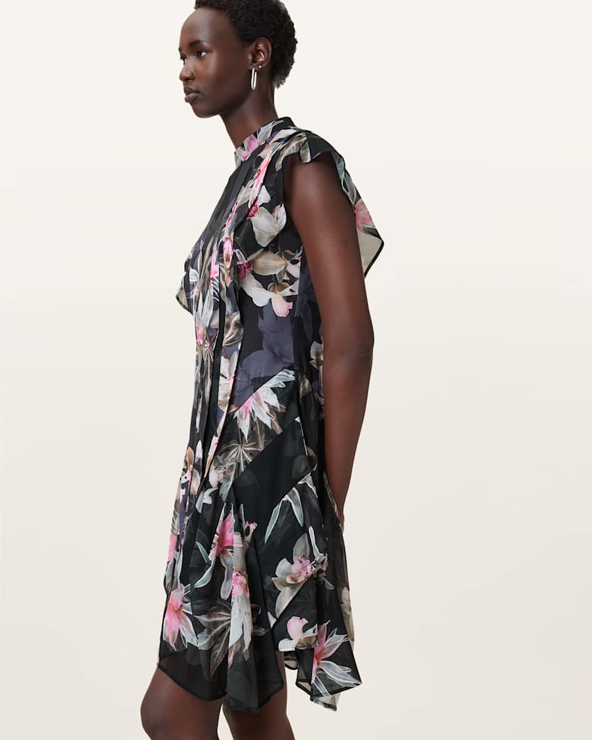 AllSaints Fleur Printed Asymmetric Mini Dress Women's Adena Black Women's