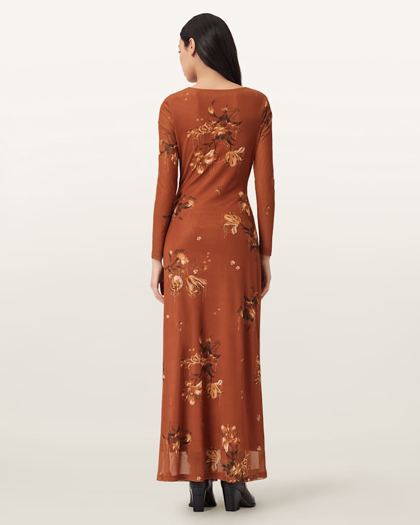 AllSaints Gabby Mesh Maxi Dress Women's Ania Rust Brown Women's