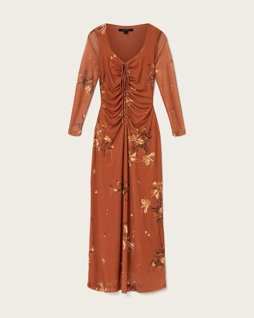AllSaints Gabby Mesh Maxi Dress Women's Ania Rust Brown Women's