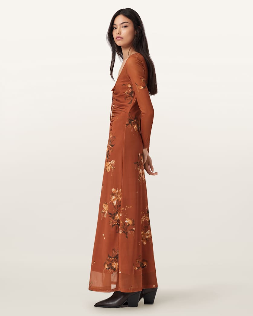 AllSaints Gabby Mesh Maxi Dress Women's Ania Rust Brown Women's