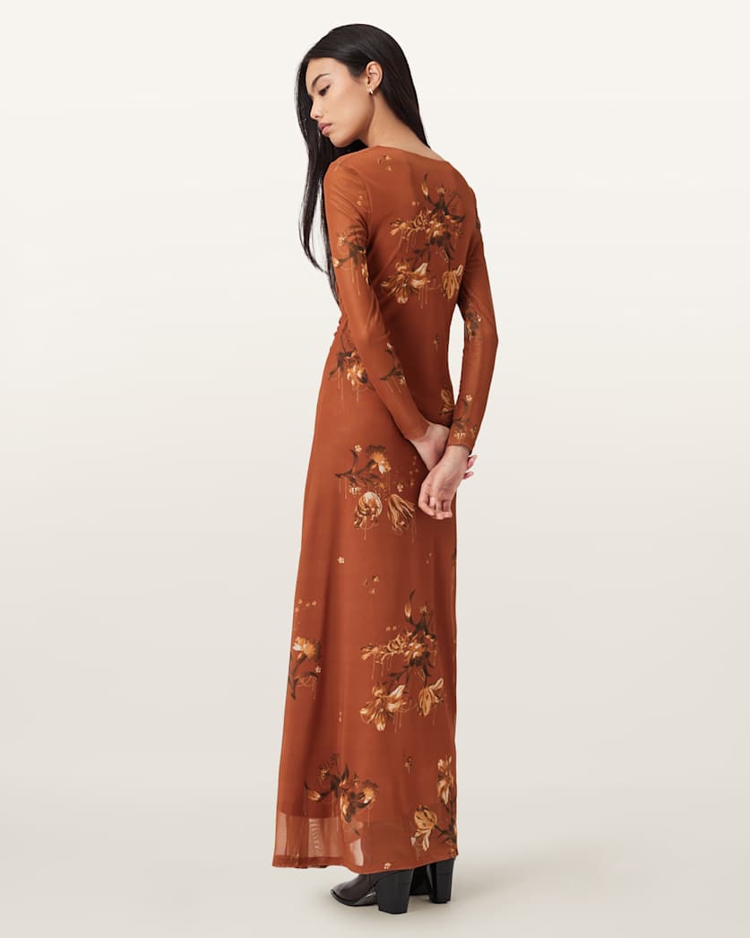 AllSaints Gabby Mesh Maxi Dress Women's Ania Rust Brown Women's