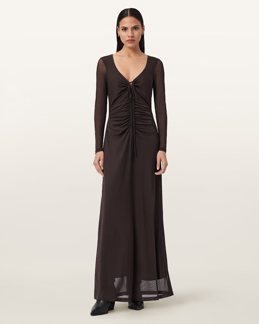 AllSaints Gabby Mesh Maxi Dress Women's Ania Rust Brown Women's