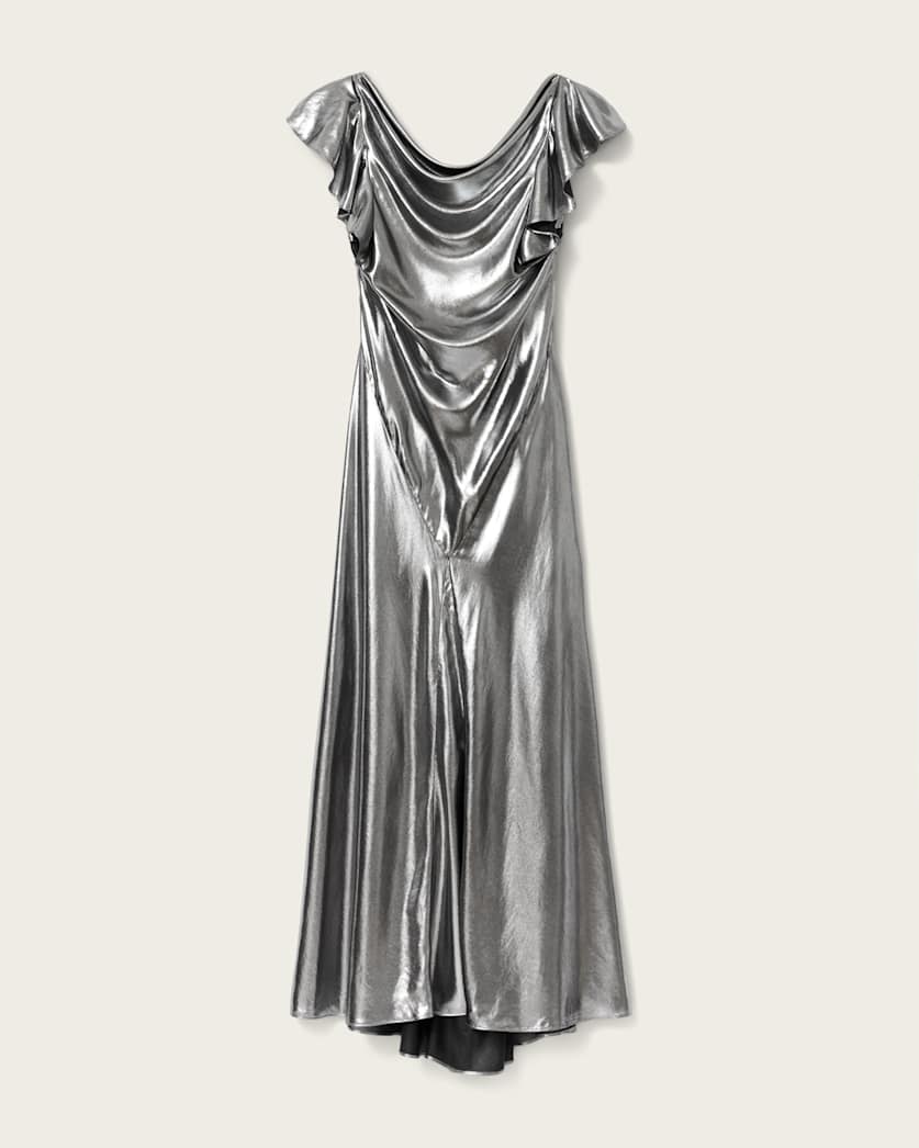 AllSaints Flora Metallic Maxi Dress Women's Metallic Silver Women's
