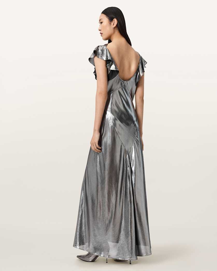 AllSaints Flora Metallic Maxi Dress Women's Metallic Silver Women's