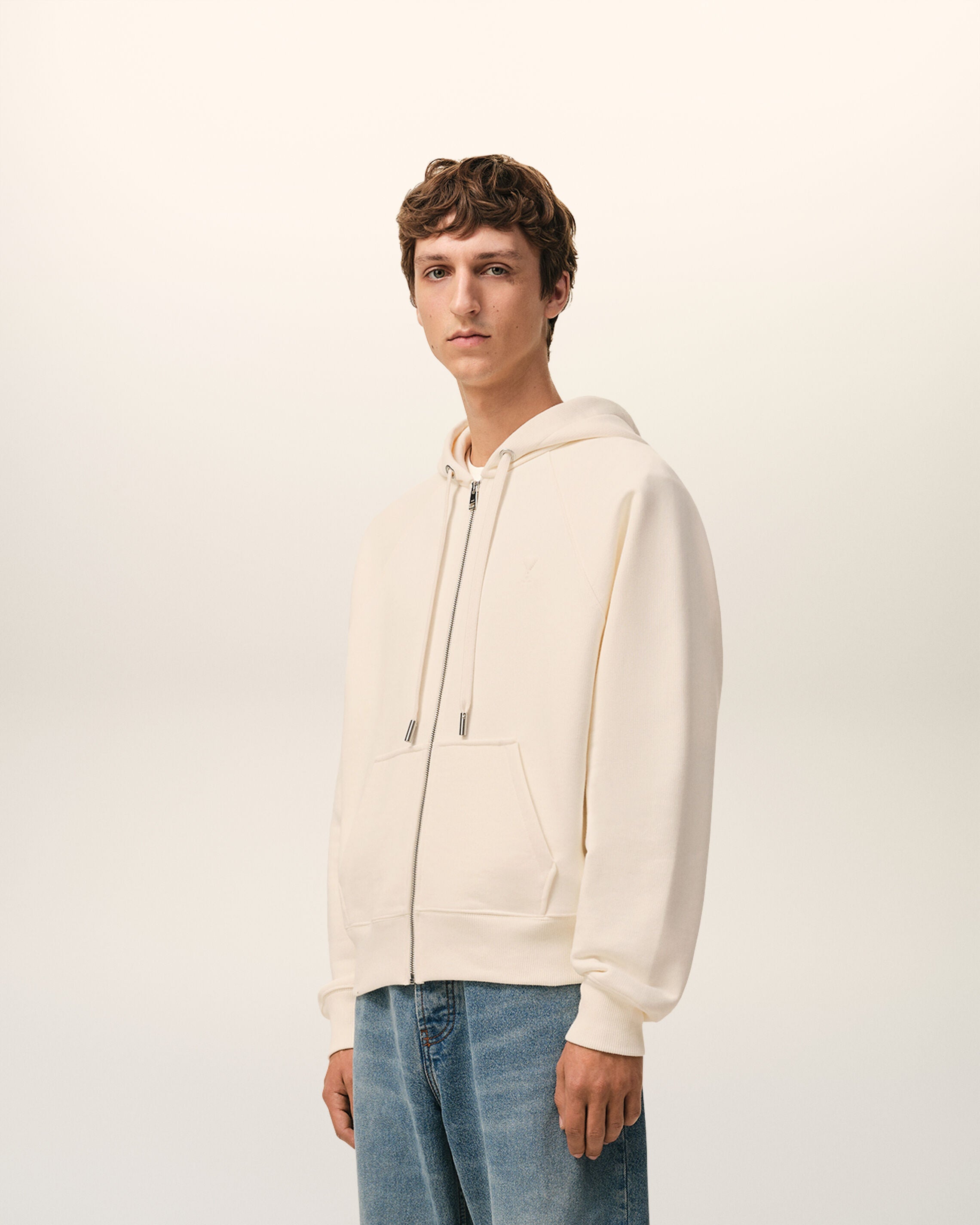 White Cotton Embossed Ami De Coeur Zipped Hoodie