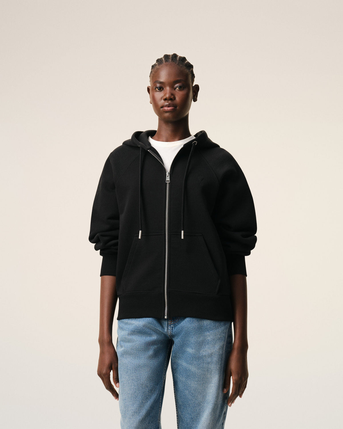 Black Cotton Embossed Ami De Coeur Zipped Hoodie