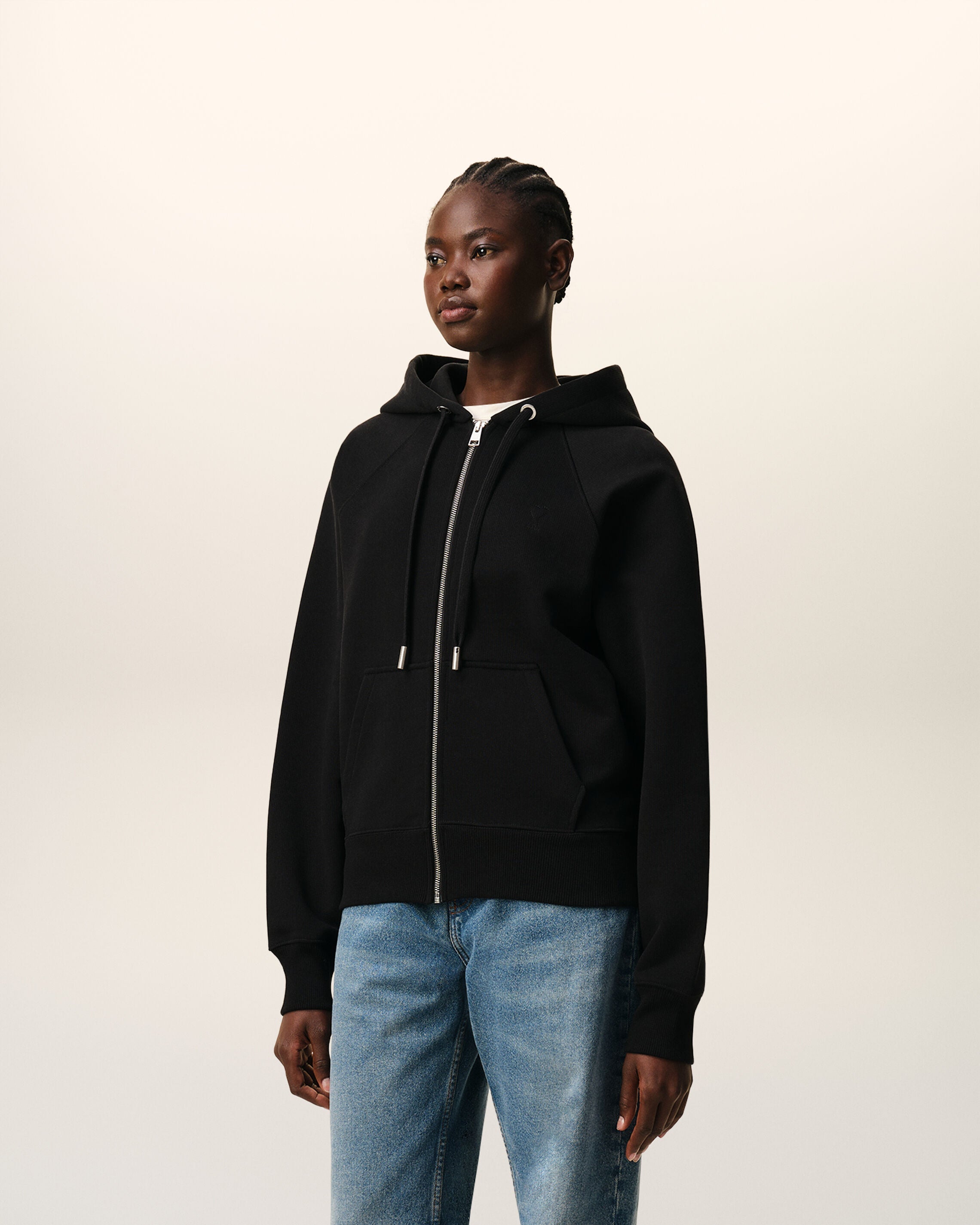 Black Cotton Embossed Ami De Coeur Zipped Hoodie