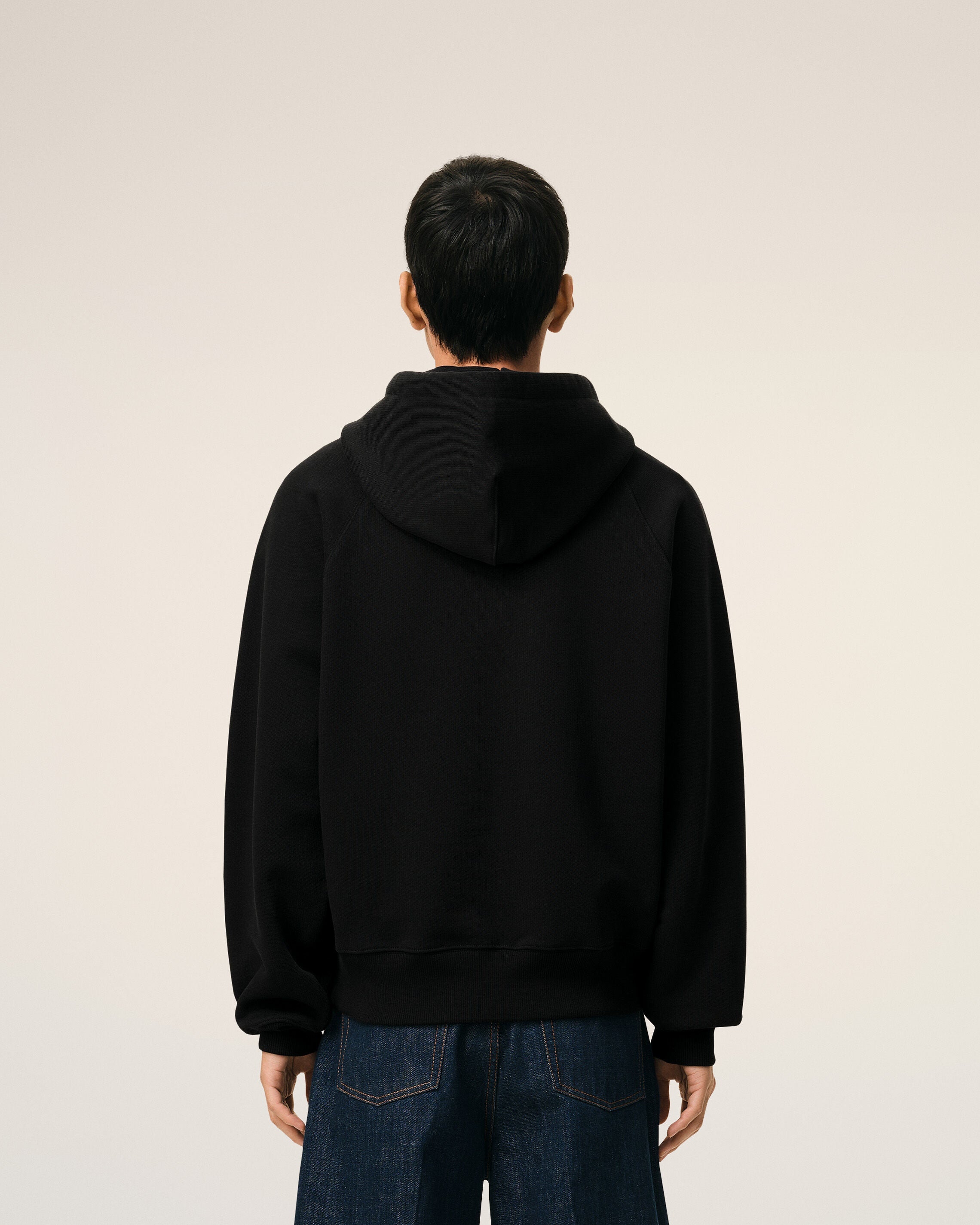 Black Cotton Embossed Ami De Coeur Zipped Hoodie