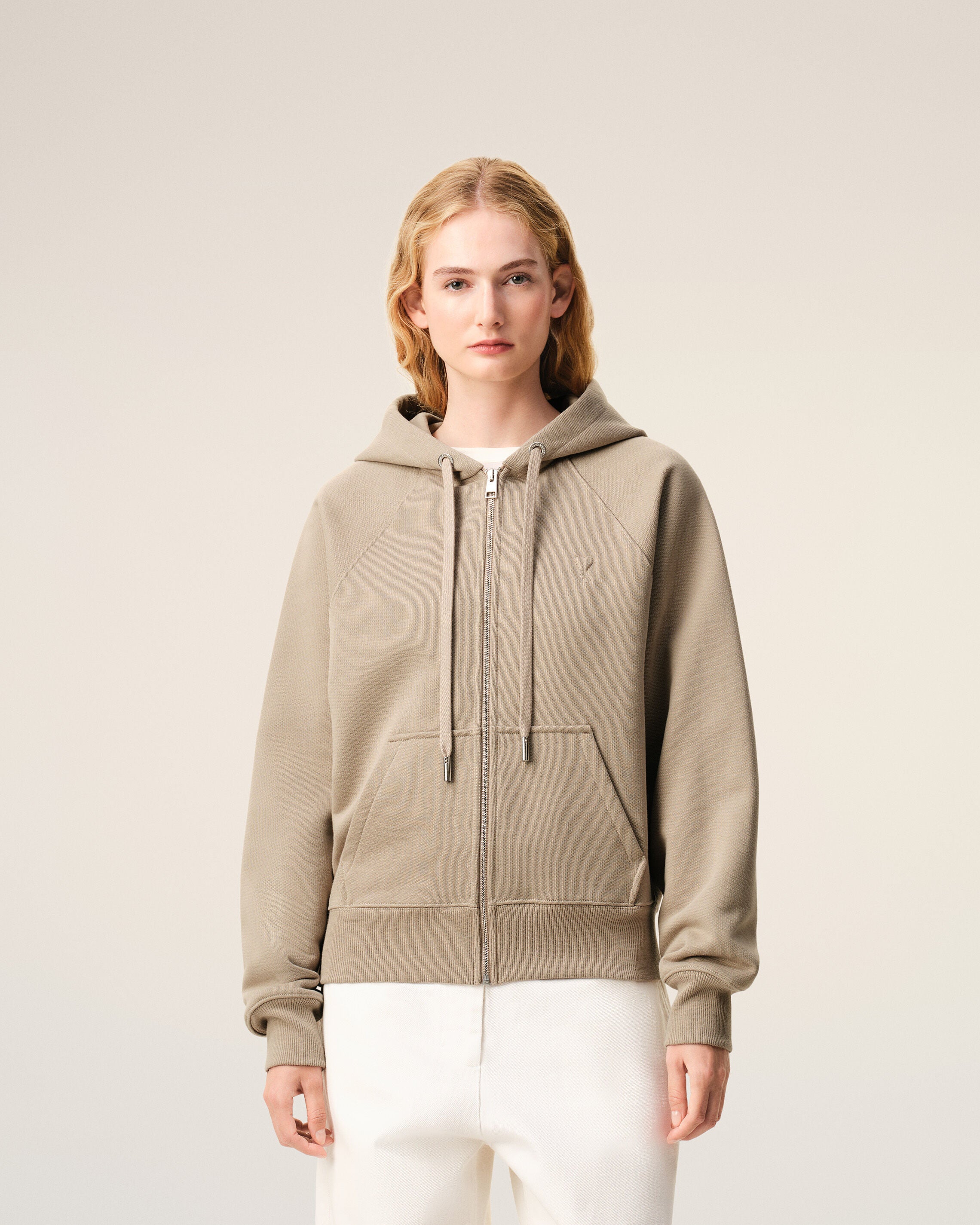 Beige Cotton Embossed Ami De Coeur Zipped Hoodie