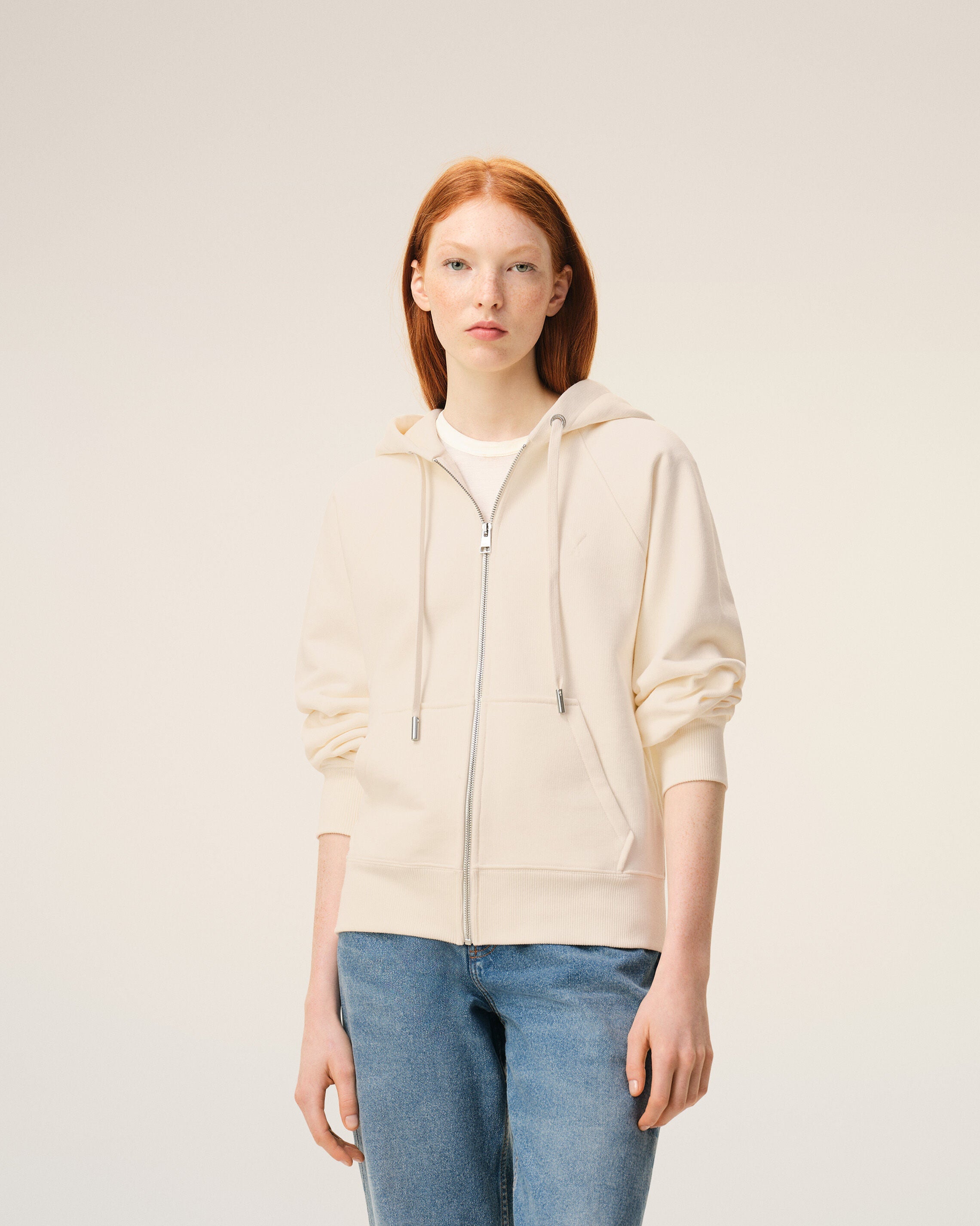 White Cotton Embossed Ami De Coeur Zipped Hoodie