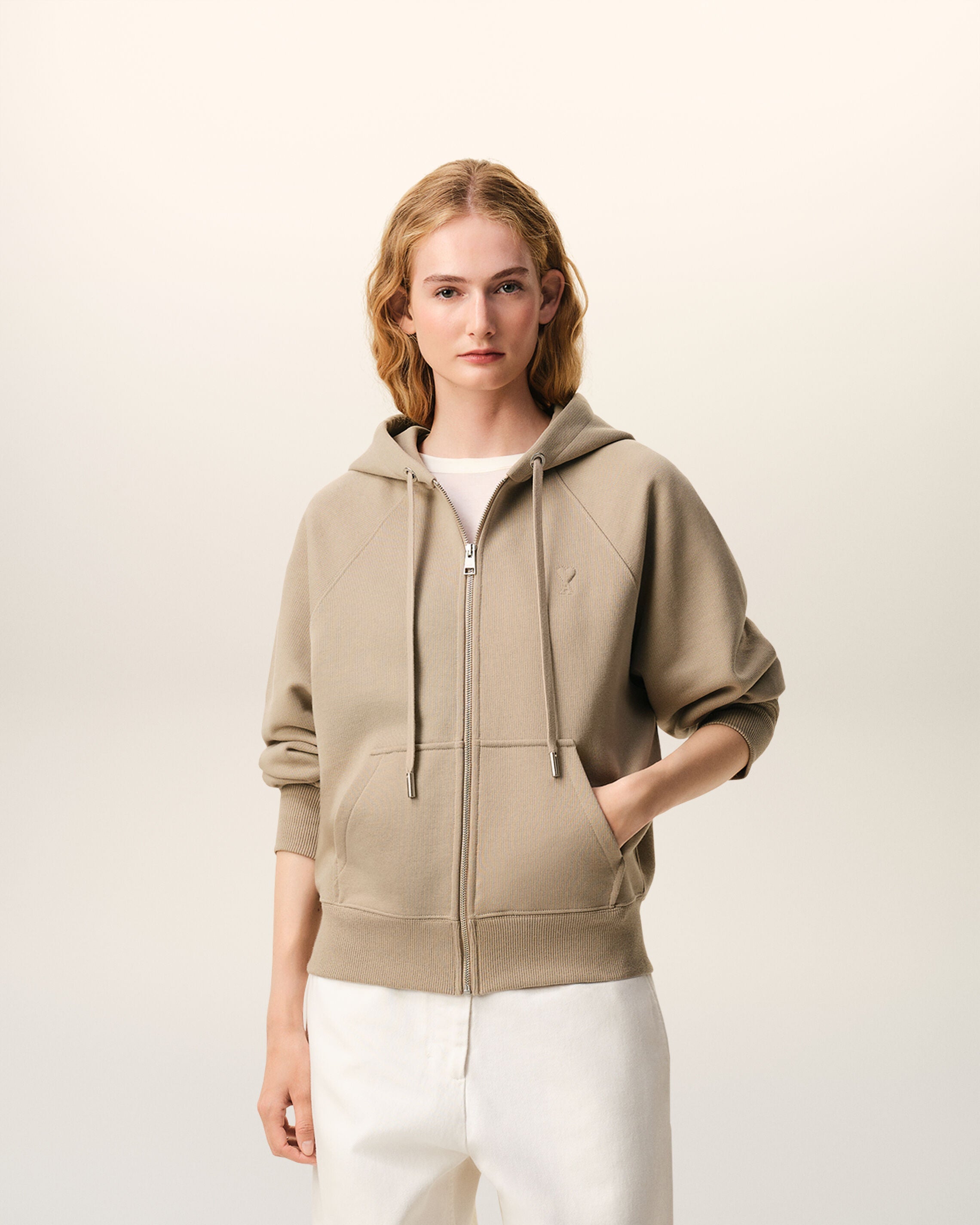 Beige Cotton Embossed Ami De Coeur Zipped Hoodie