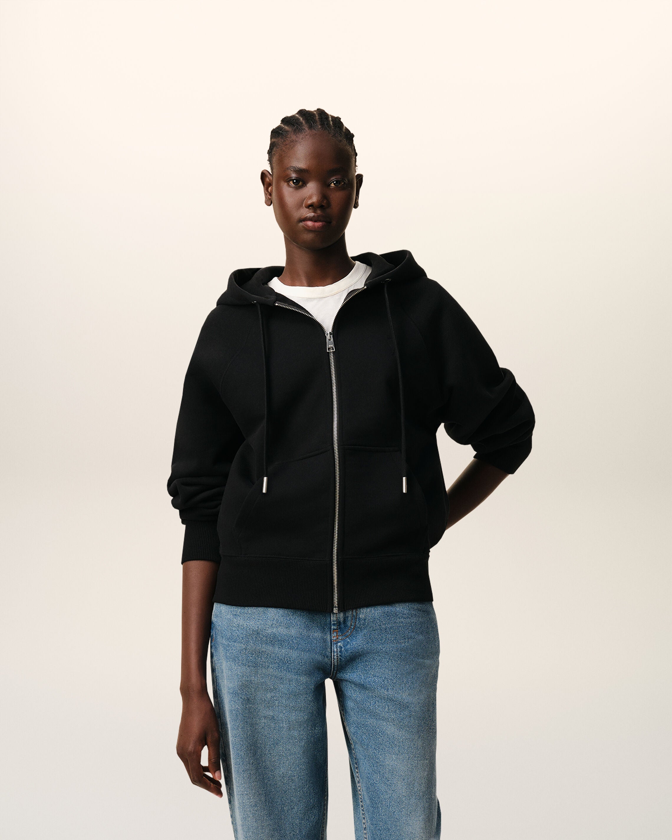 Black Cotton Embossed Ami De Coeur Zipped Hoodie