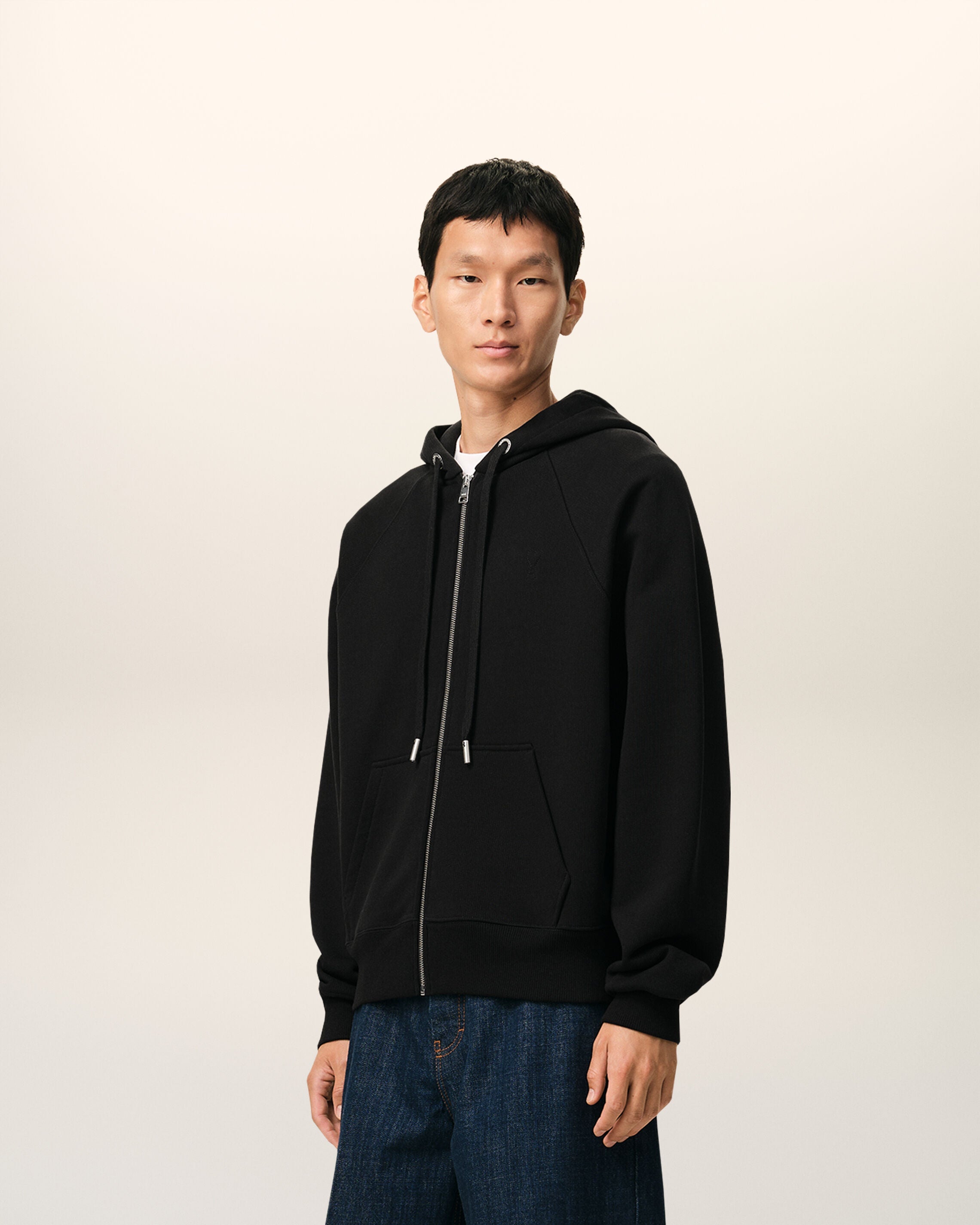Black Cotton Embossed Ami De Coeur Zipped Hoodie