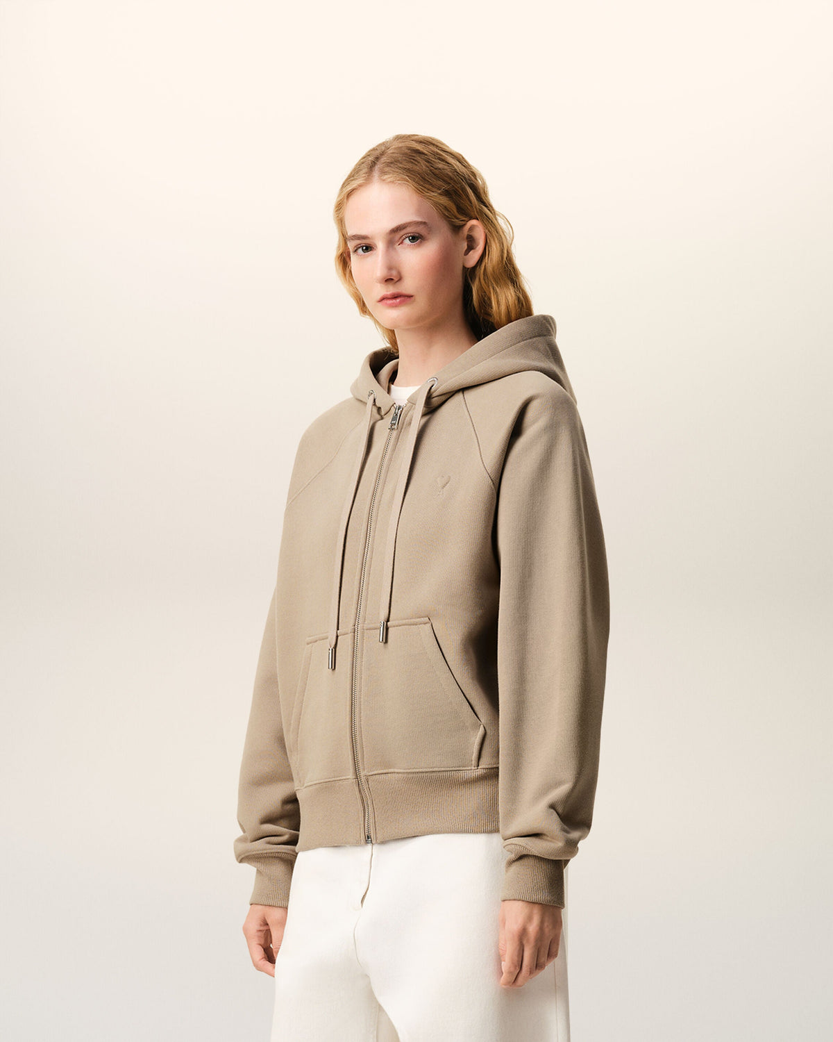 Beige Cotton Embossed Ami De Coeur Zipped Hoodie