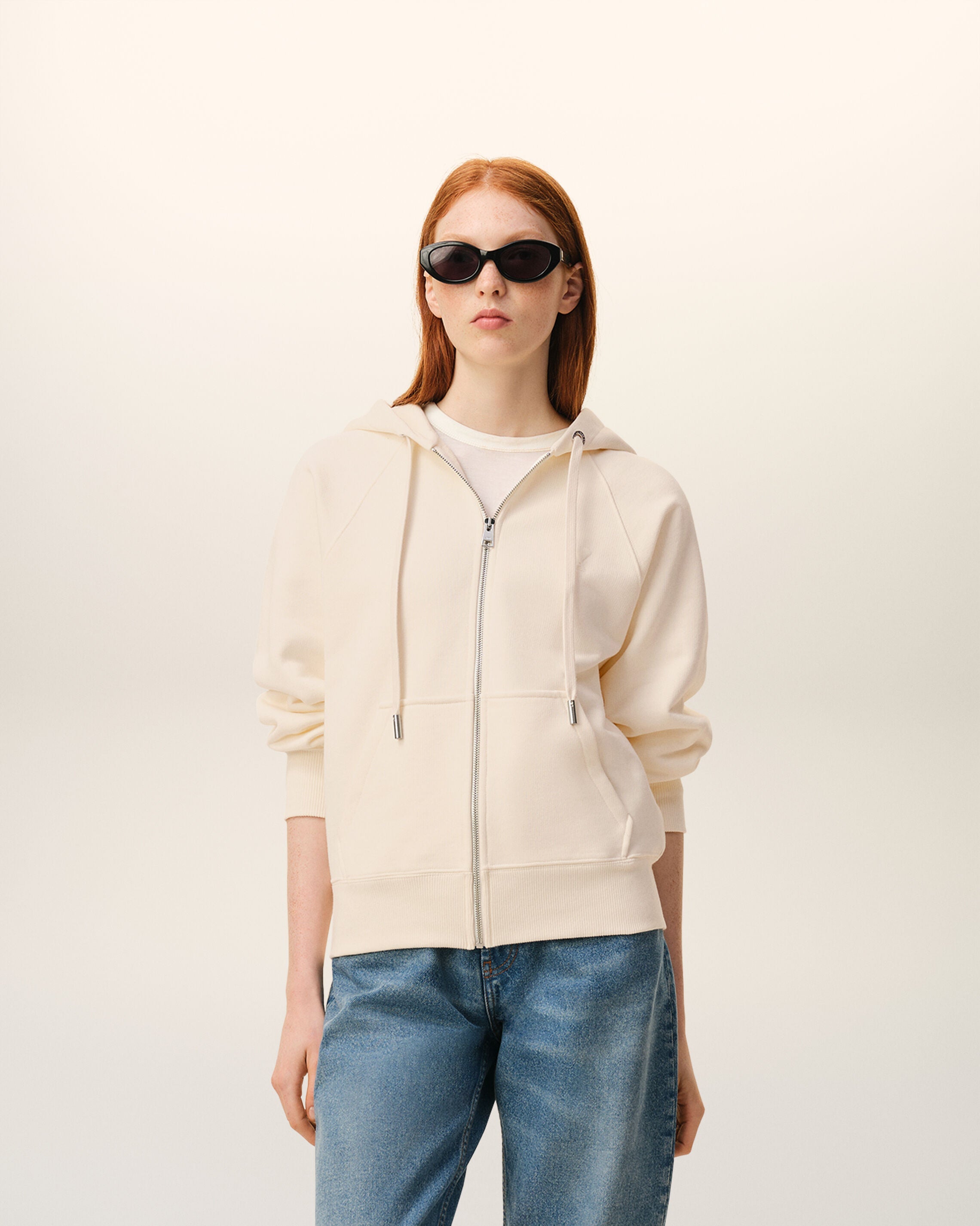 White Cotton Embossed Ami De Coeur Zipped Hoodie