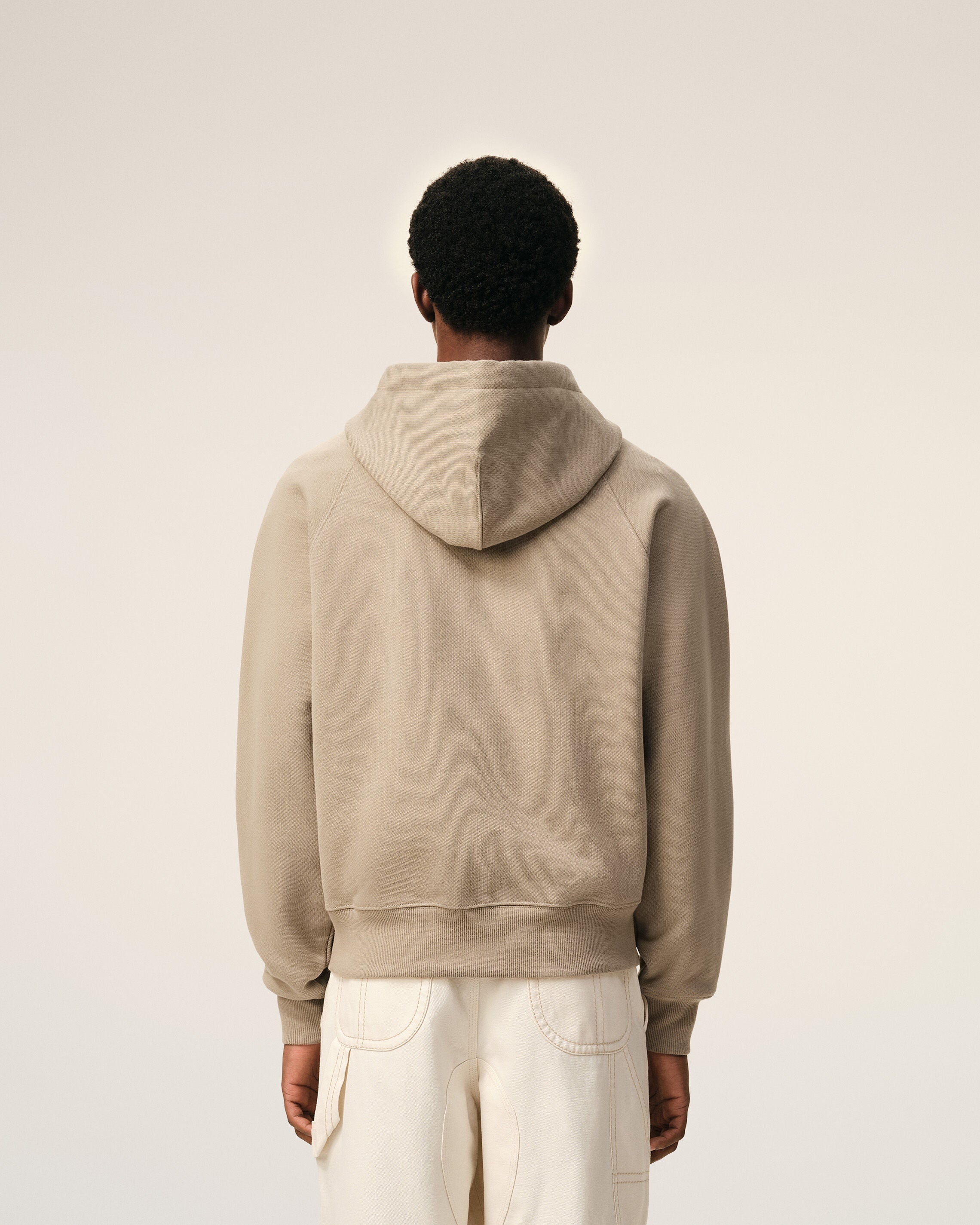 Beige Cotton Embossed Ami De Coeur Zipped Hoodie