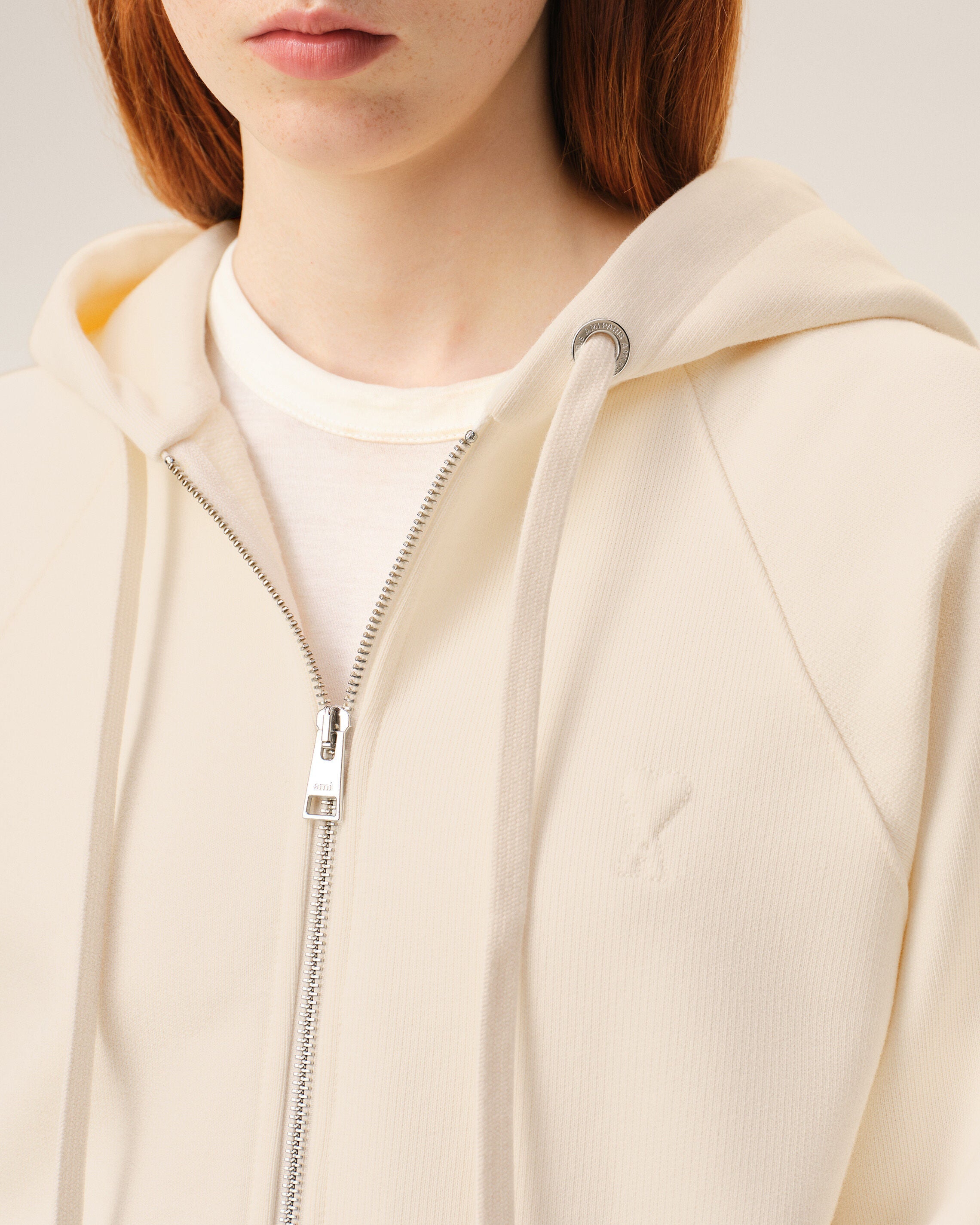 White Cotton Embossed Ami De Coeur Zipped Hoodie