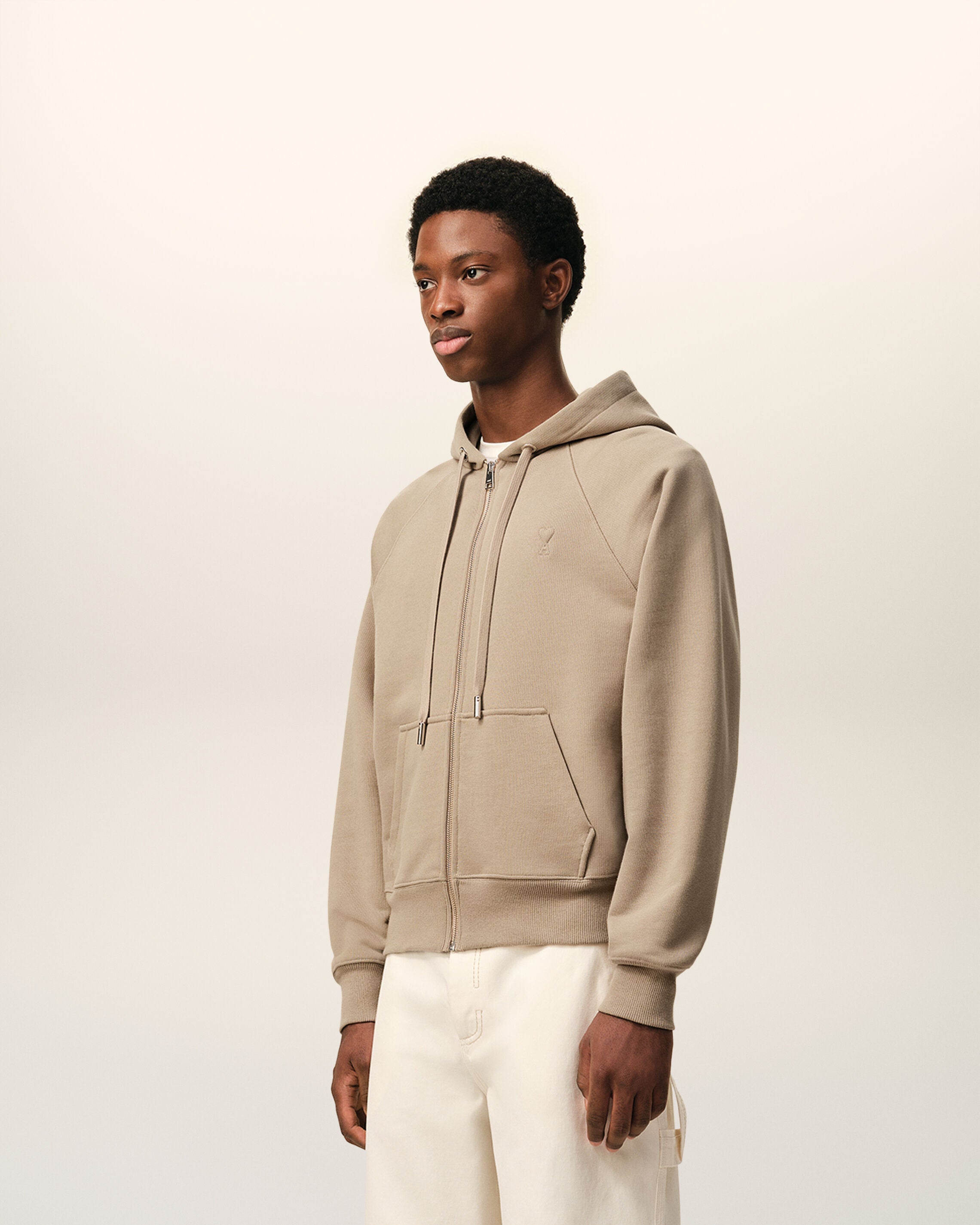 Beige Cotton Embossed Ami De Coeur Zipped Hoodie