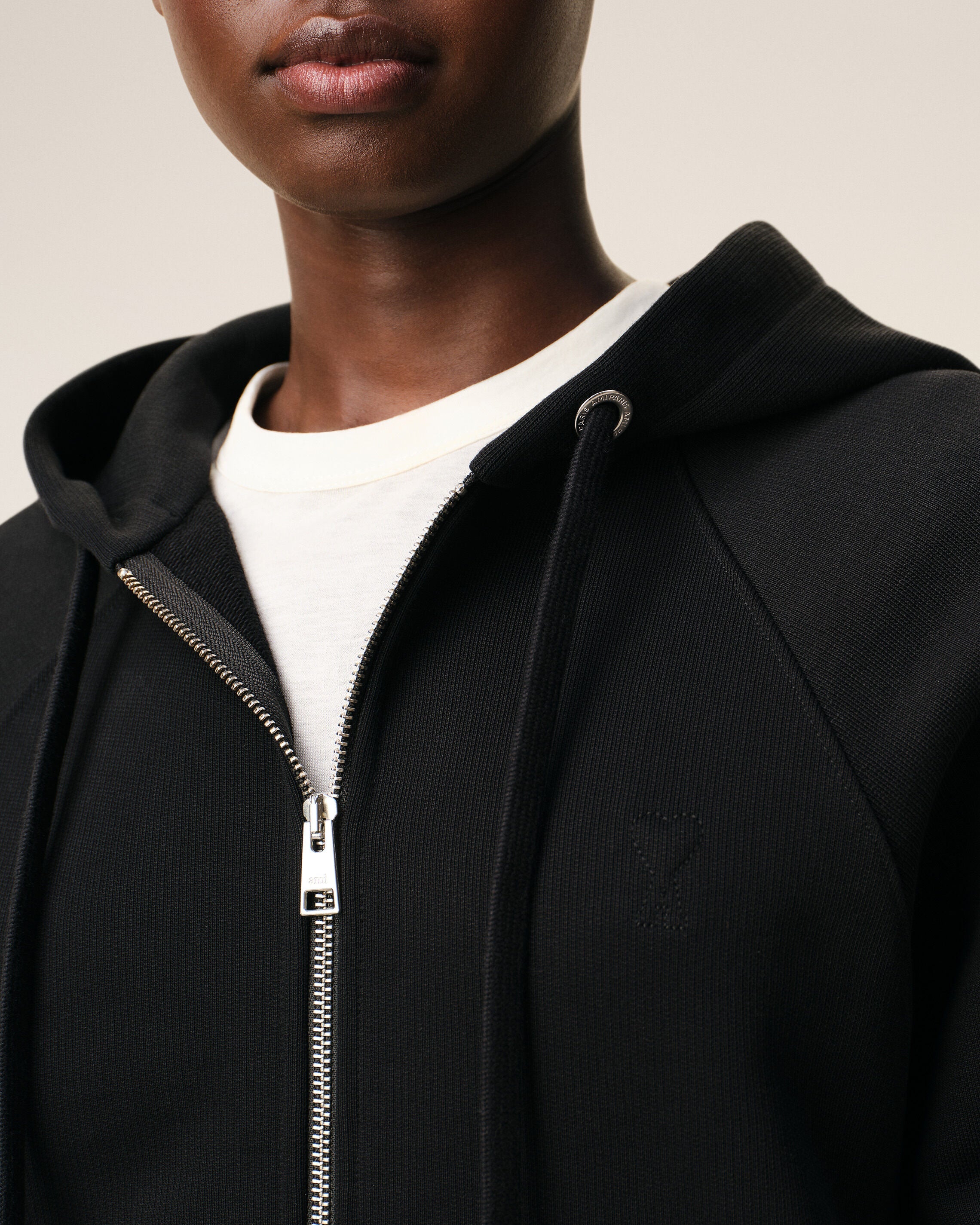 Black Cotton Embossed Ami De Coeur Zipped Hoodie