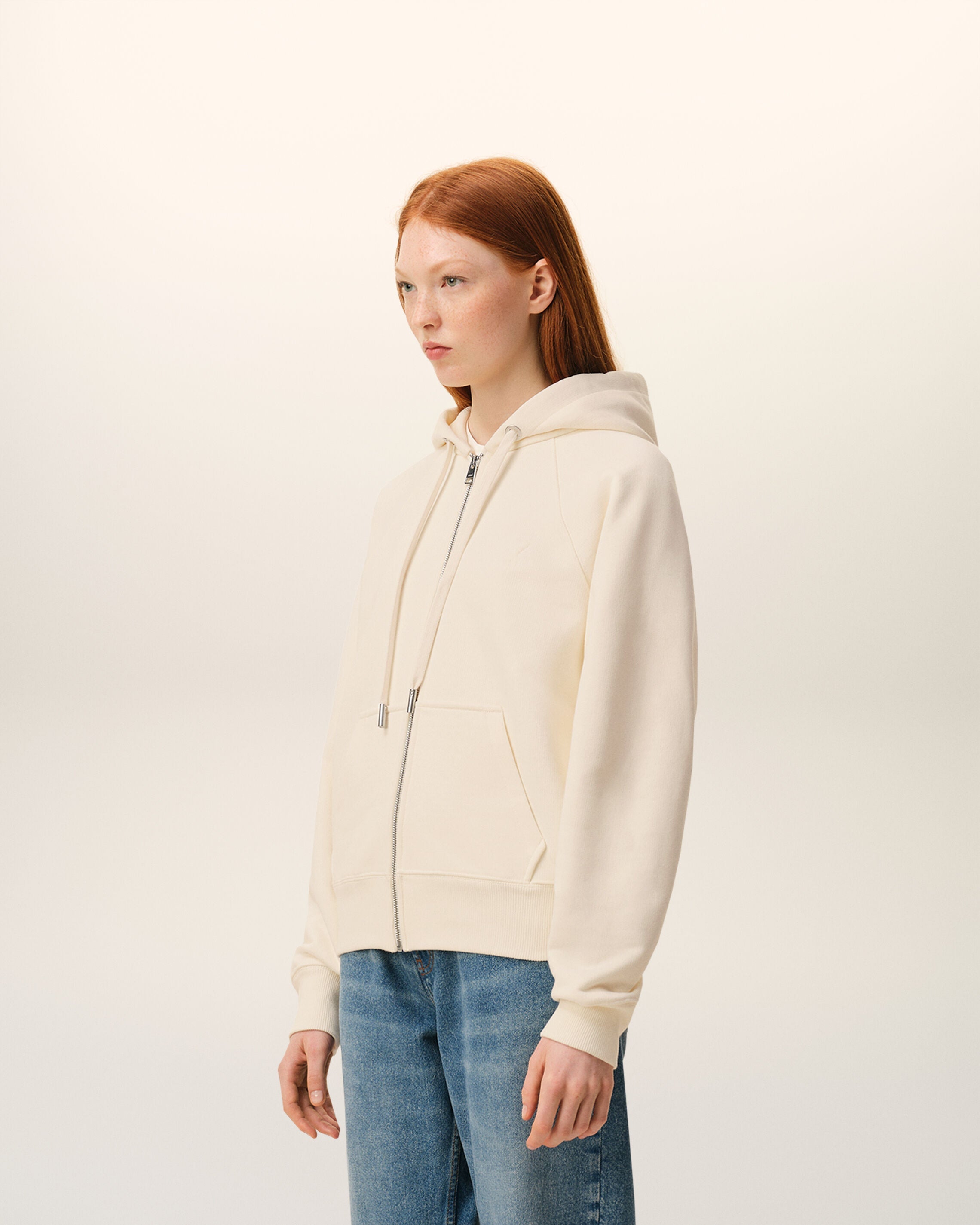 White Cotton Embossed Ami De Coeur Zipped Hoodie