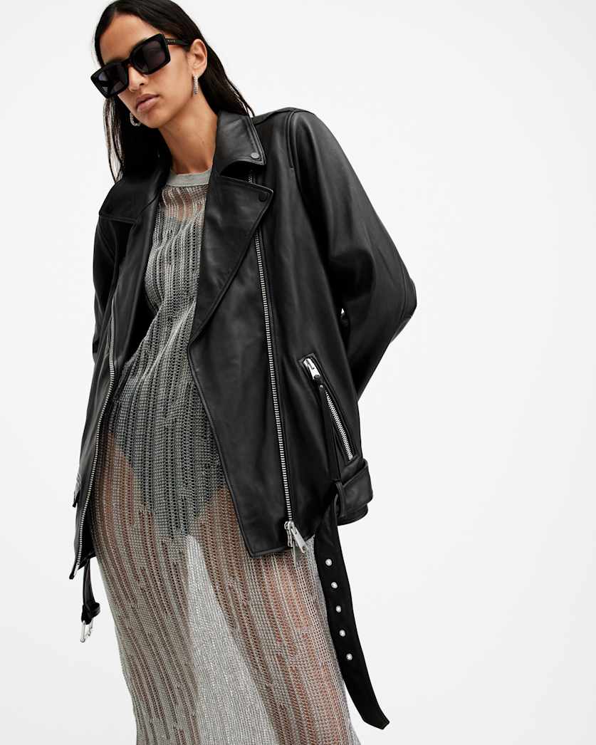 AllSaints Billie Oversized Leather Biker Jacket Women's Black Women's