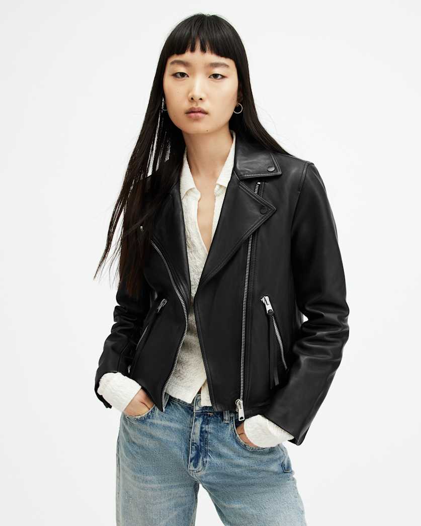 AllSaints Dalby Slim Fit Leather Biker Jacket Women's Black Women's