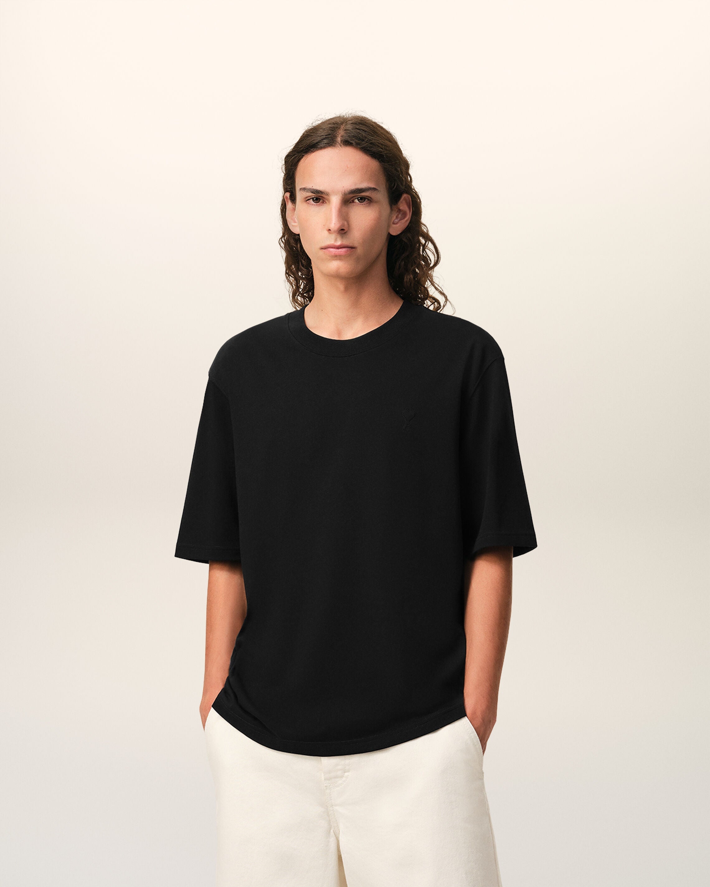 Black Cotton Embossed Ami De Coeur Tshirt