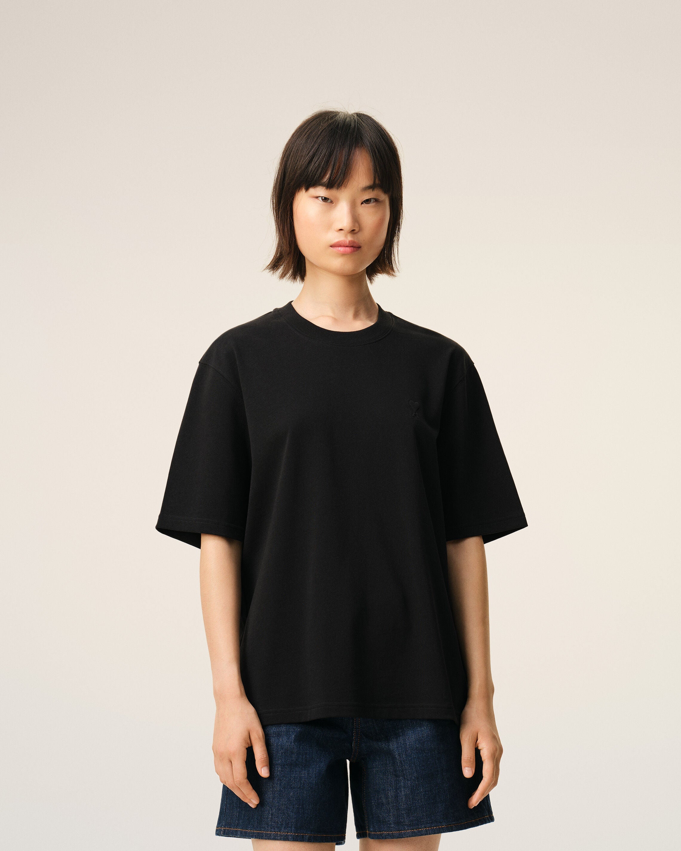 Black Cotton Embossed Ami De Coeur Tshirt
