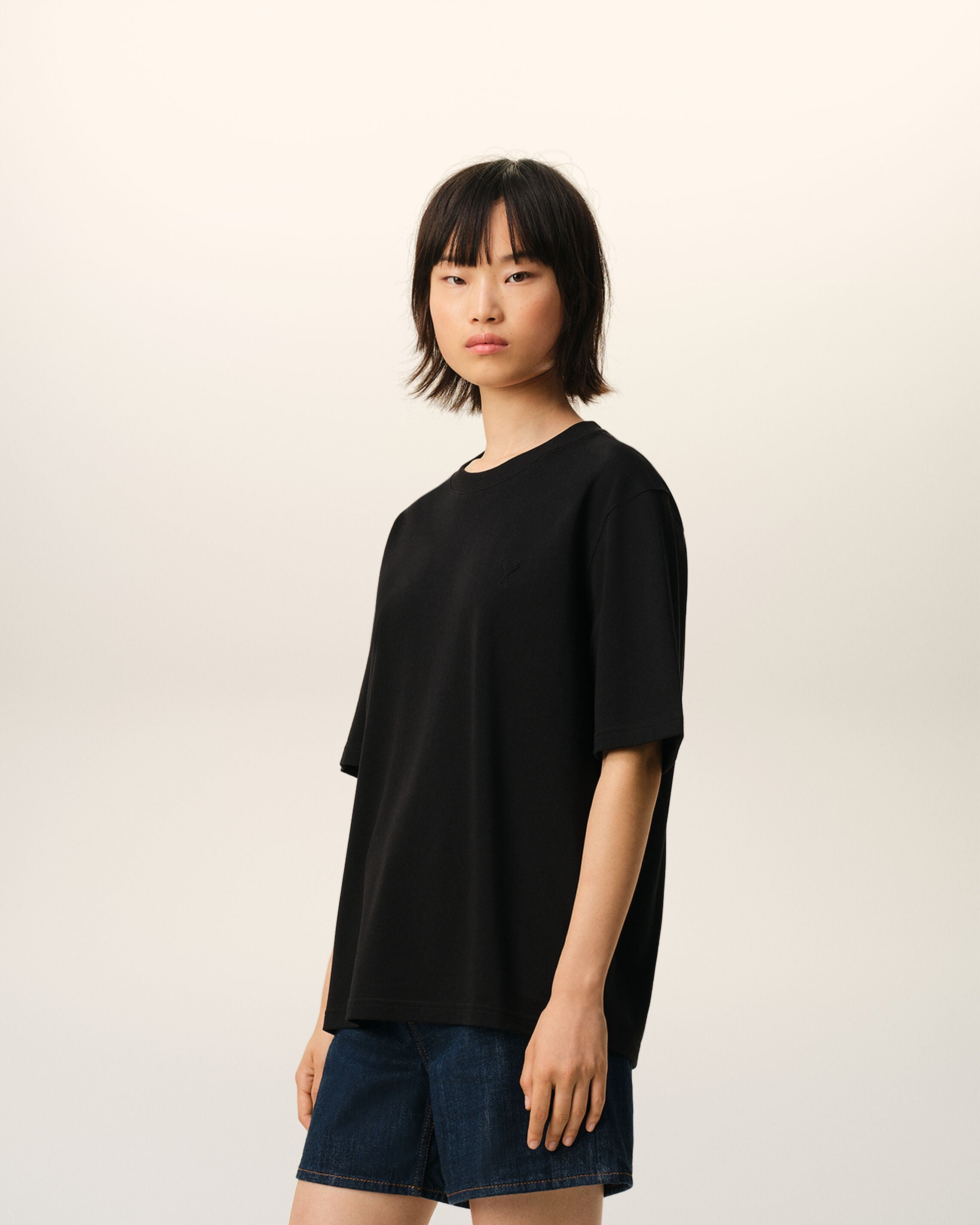 Black Cotton Embossed Ami De Coeur Tshirt