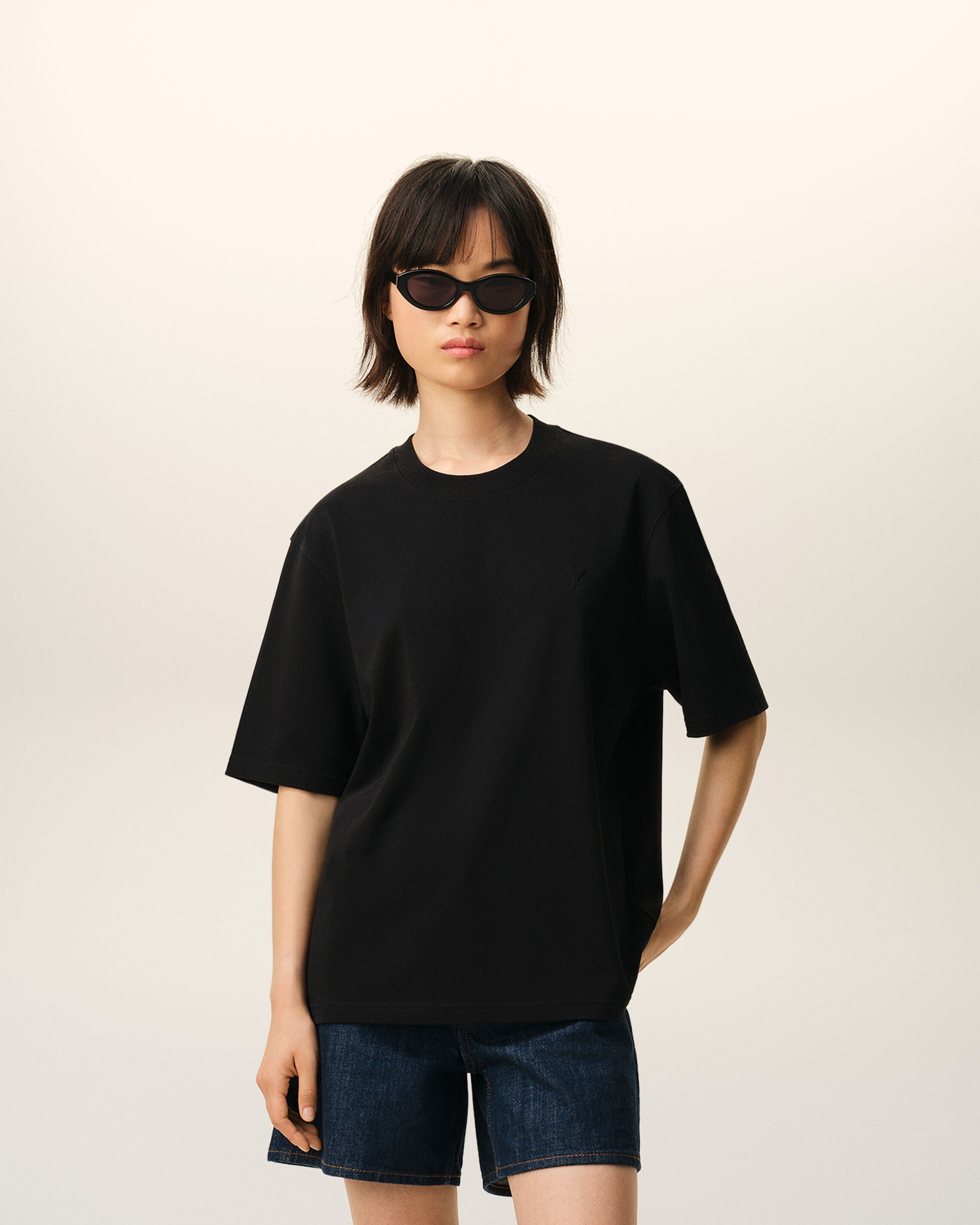 Black Cotton Embossed Ami De Coeur Tshirt