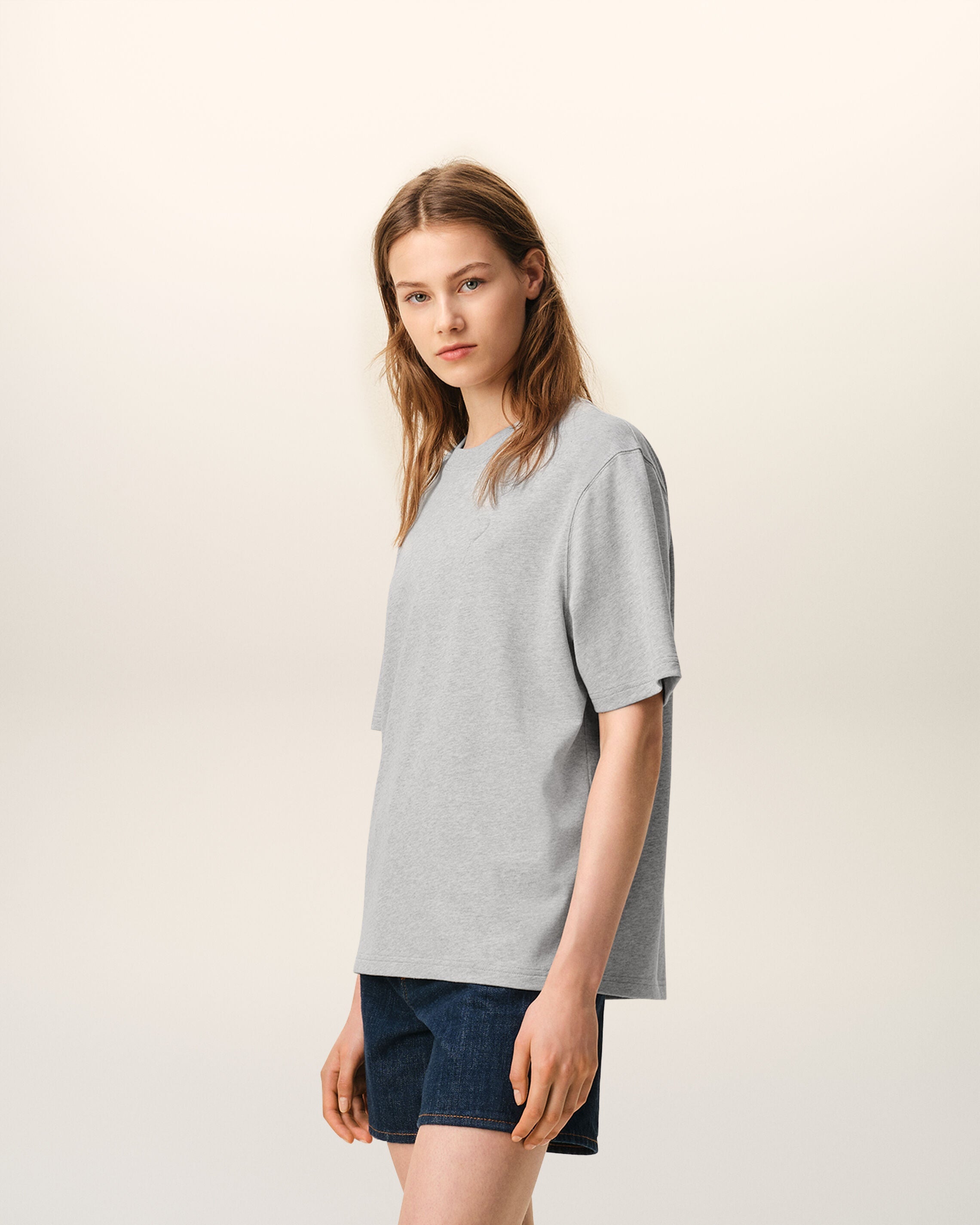 Grey Cotton Ami De Coeur Embossed Tshirt