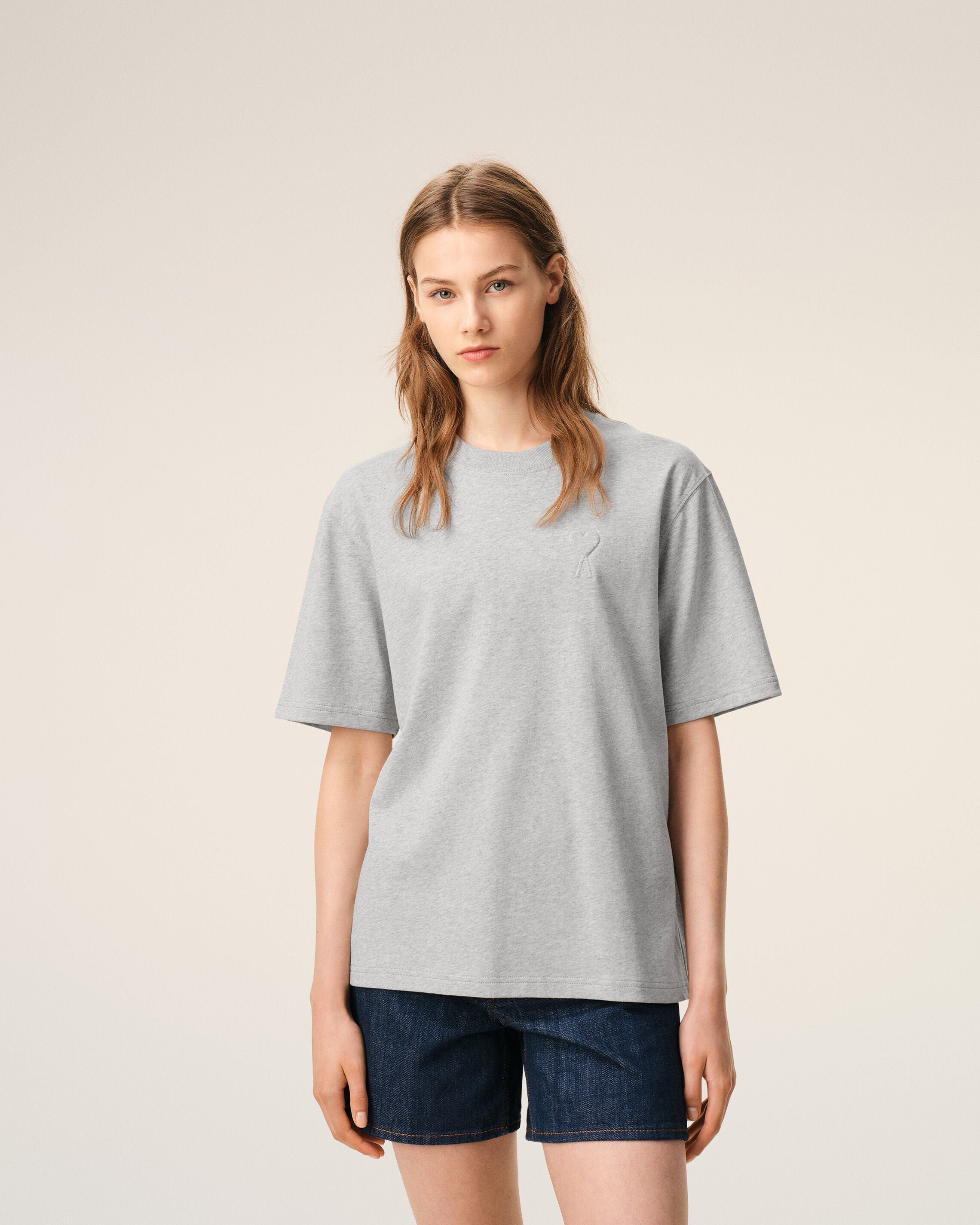 Grey Cotton Ami De Coeur Embossed Tshirt