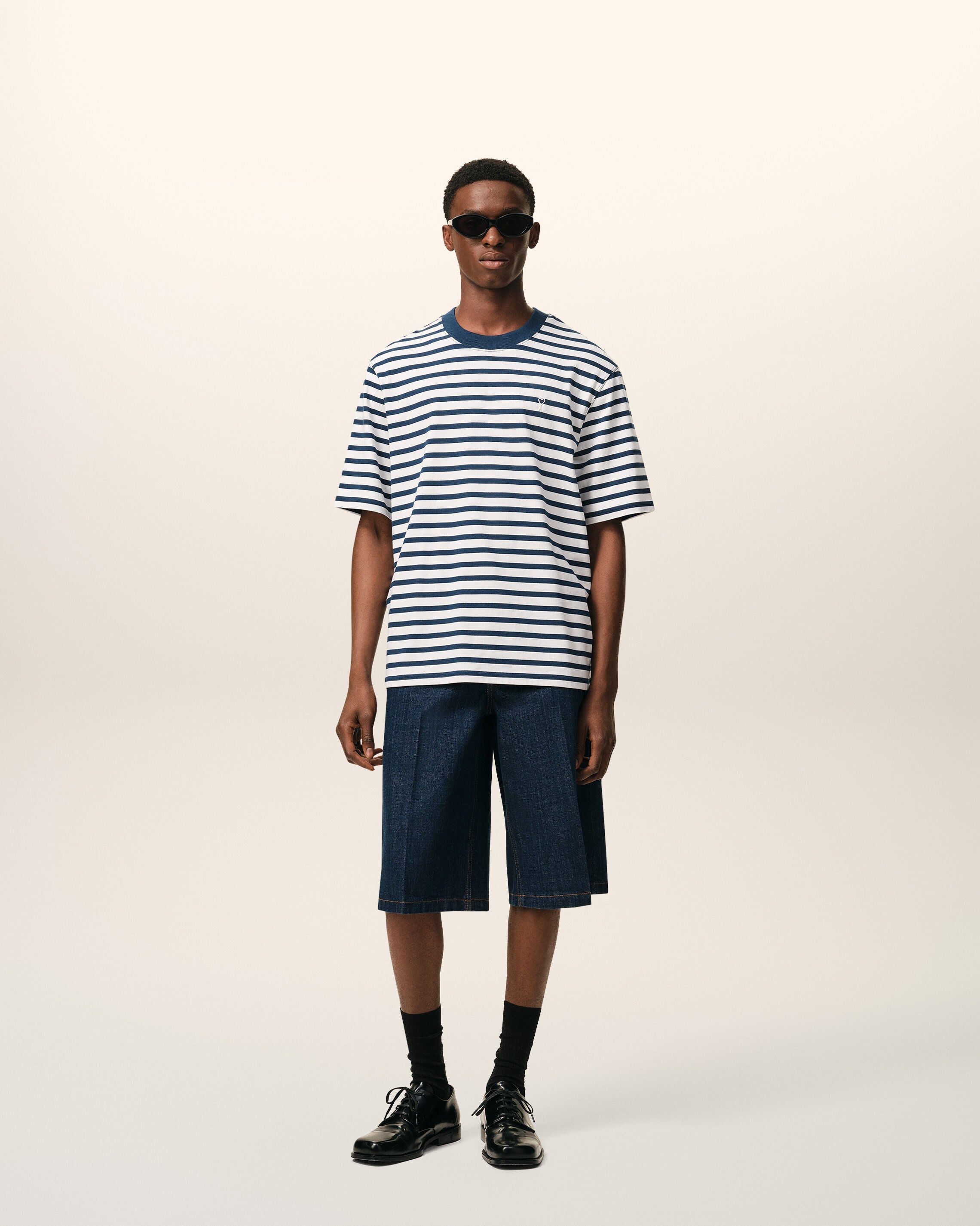 Blue Cotton Boxy Fit Mariniere Ami De Coeur Tshirt
