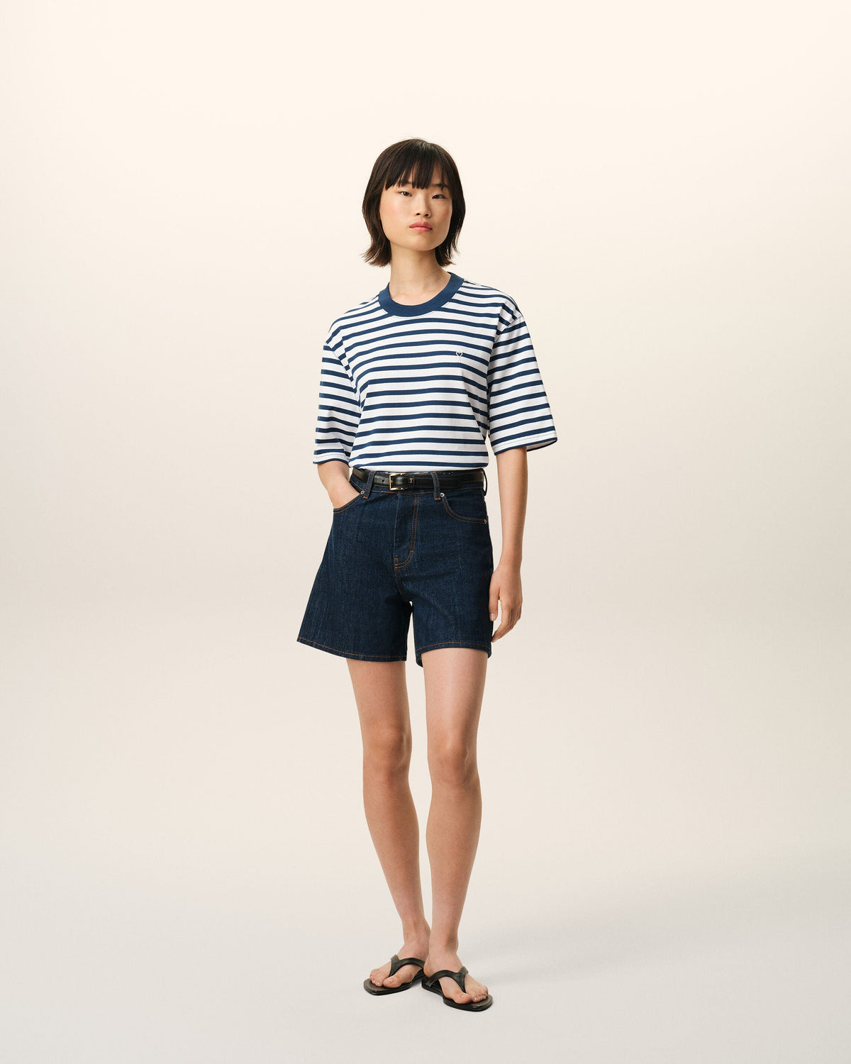 Blue Cotton Boxy Fit Mariniere Ami De Coeur Tshirt
