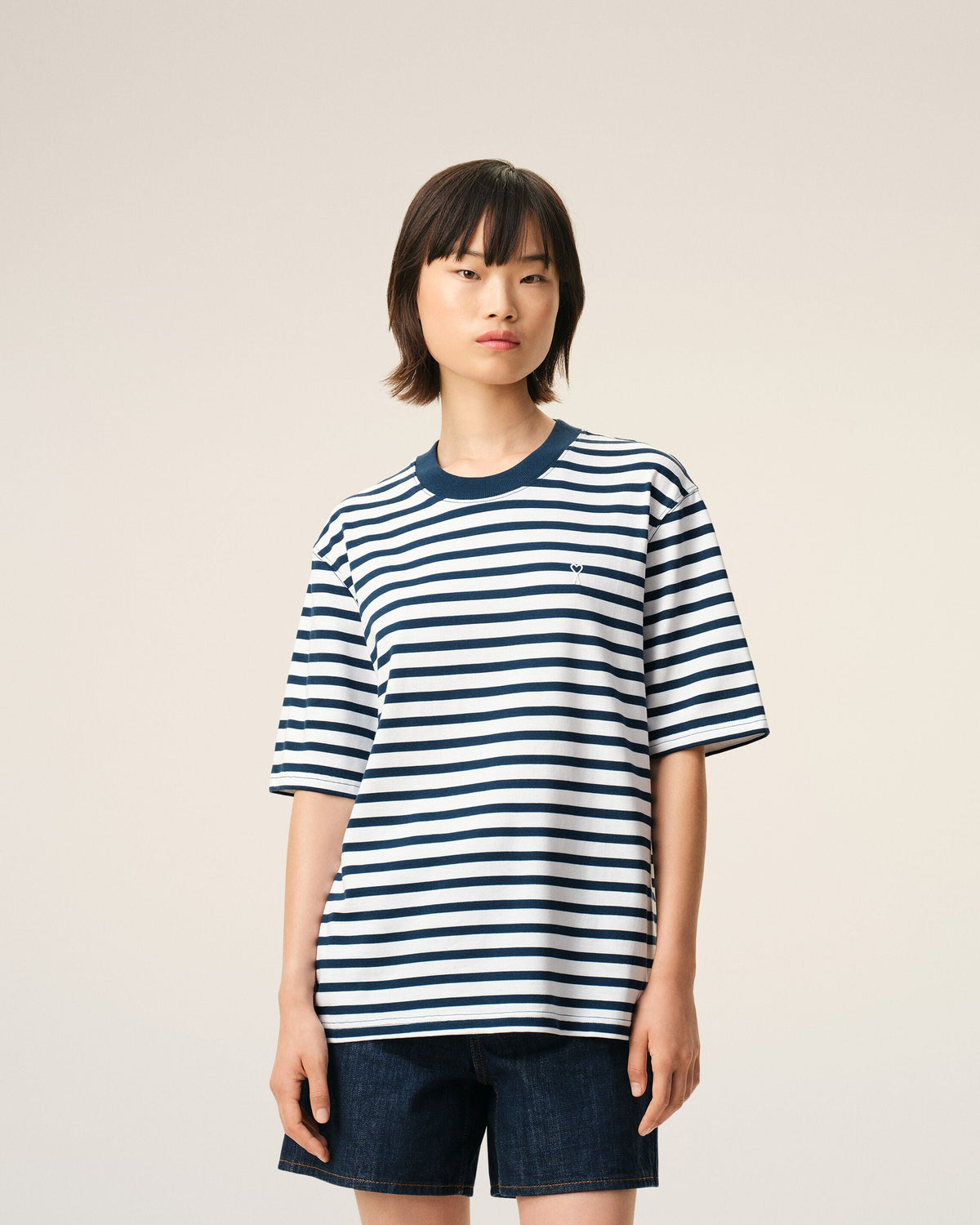 Blue Cotton Boxy Fit Mariniere Ami De Coeur Tshirt