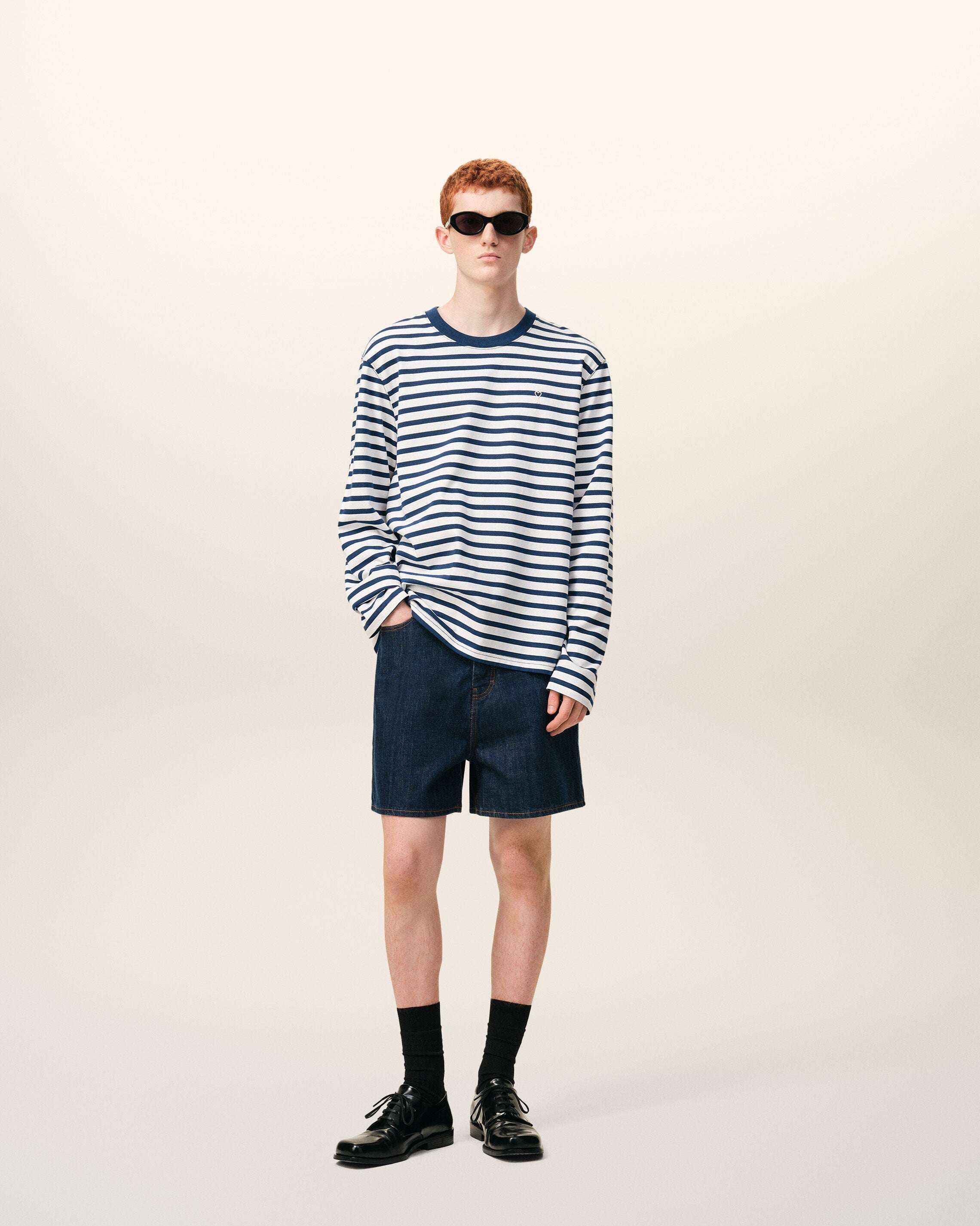 Blue Cotton Long Sleeves Mariniere Ami De Coeur Tshirt