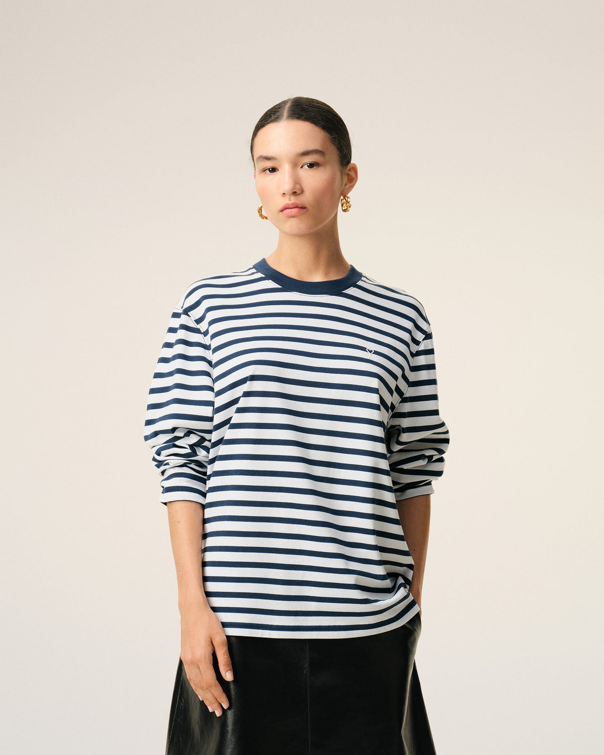 Blue Cotton Long Sleeves Mariniere Ami De Coeur Tshirt