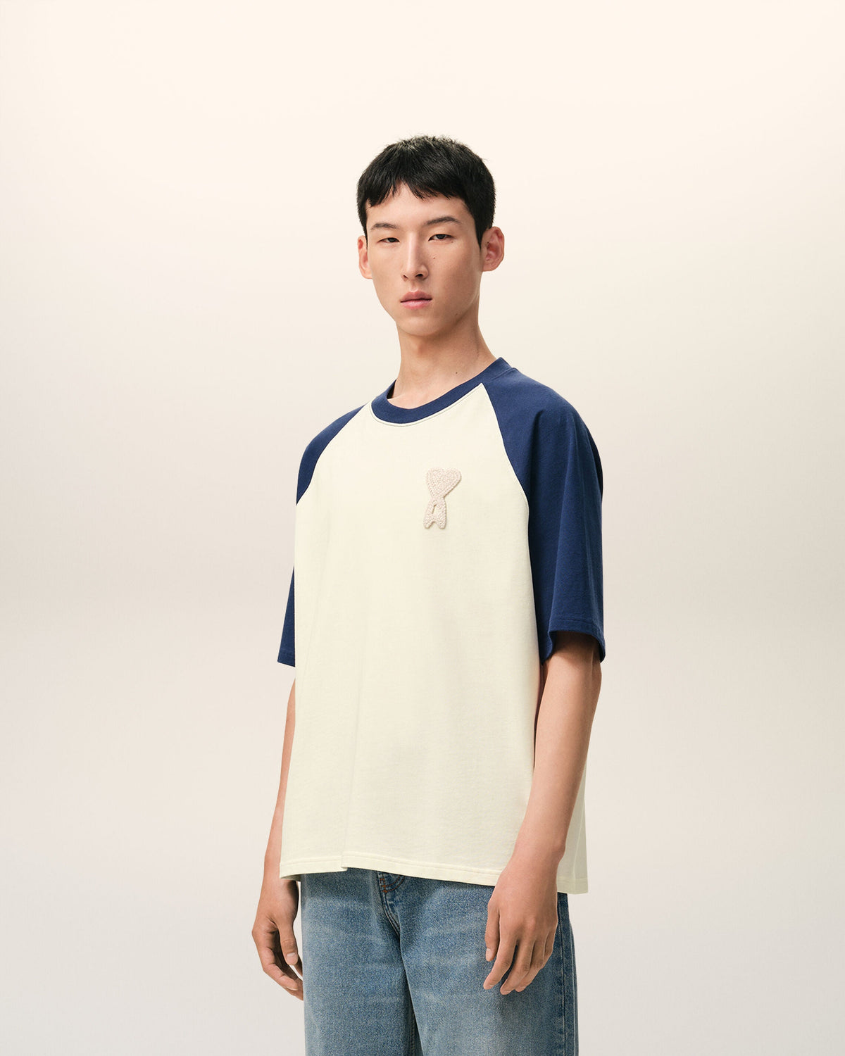 White And Blue Cotton Ami De Coeur Knitted Patch Tshirt