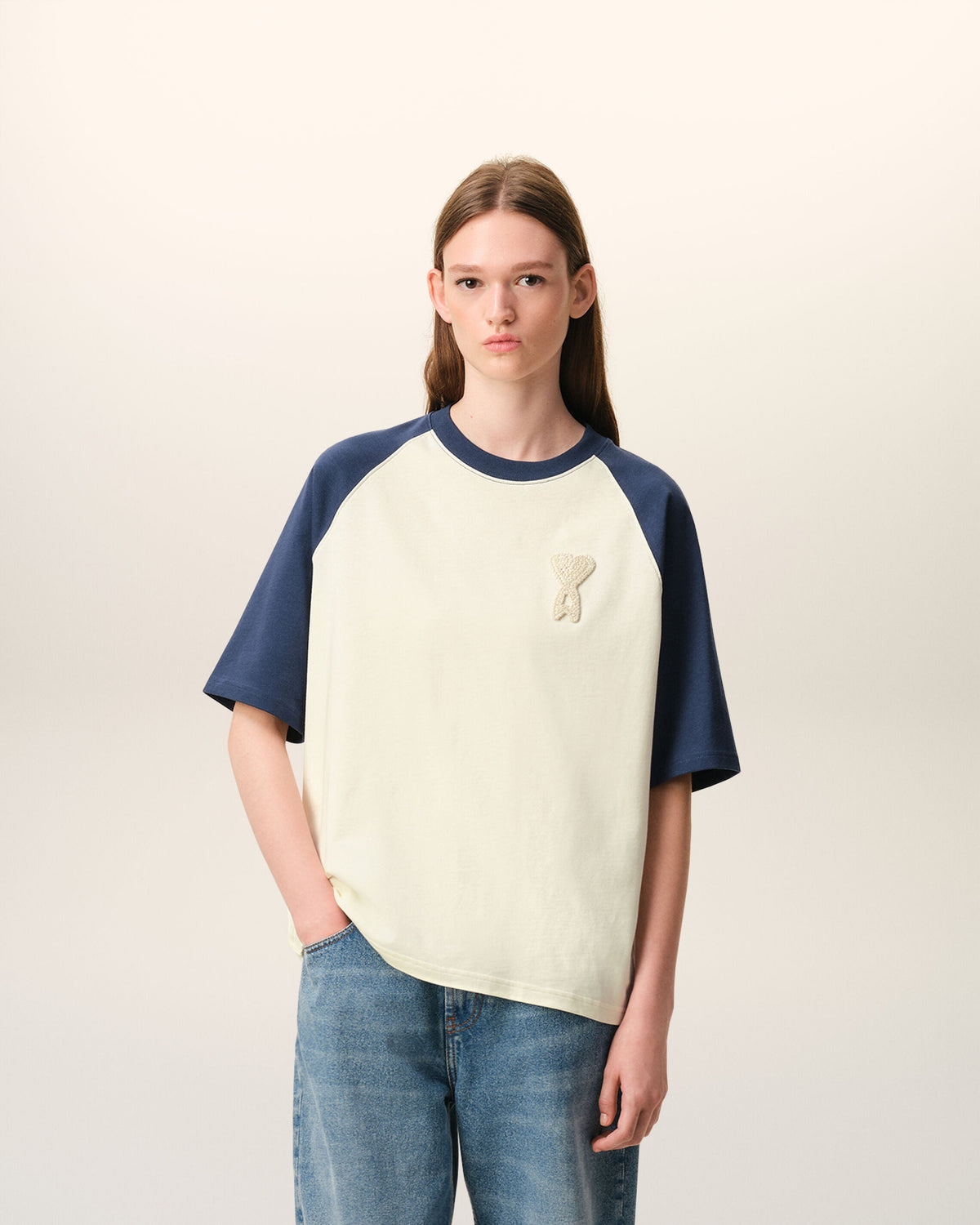White And Blue Cotton Ami De Coeur Knitted Patch Tshirt