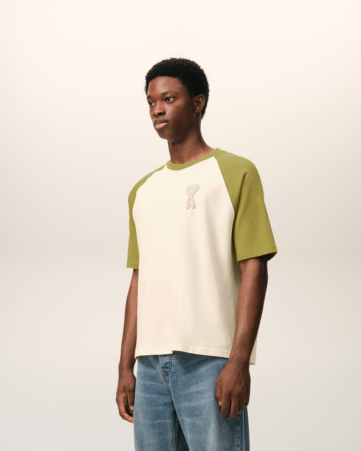 White And Green Cotton Ami De Coeur Knitted Patch Tshirt