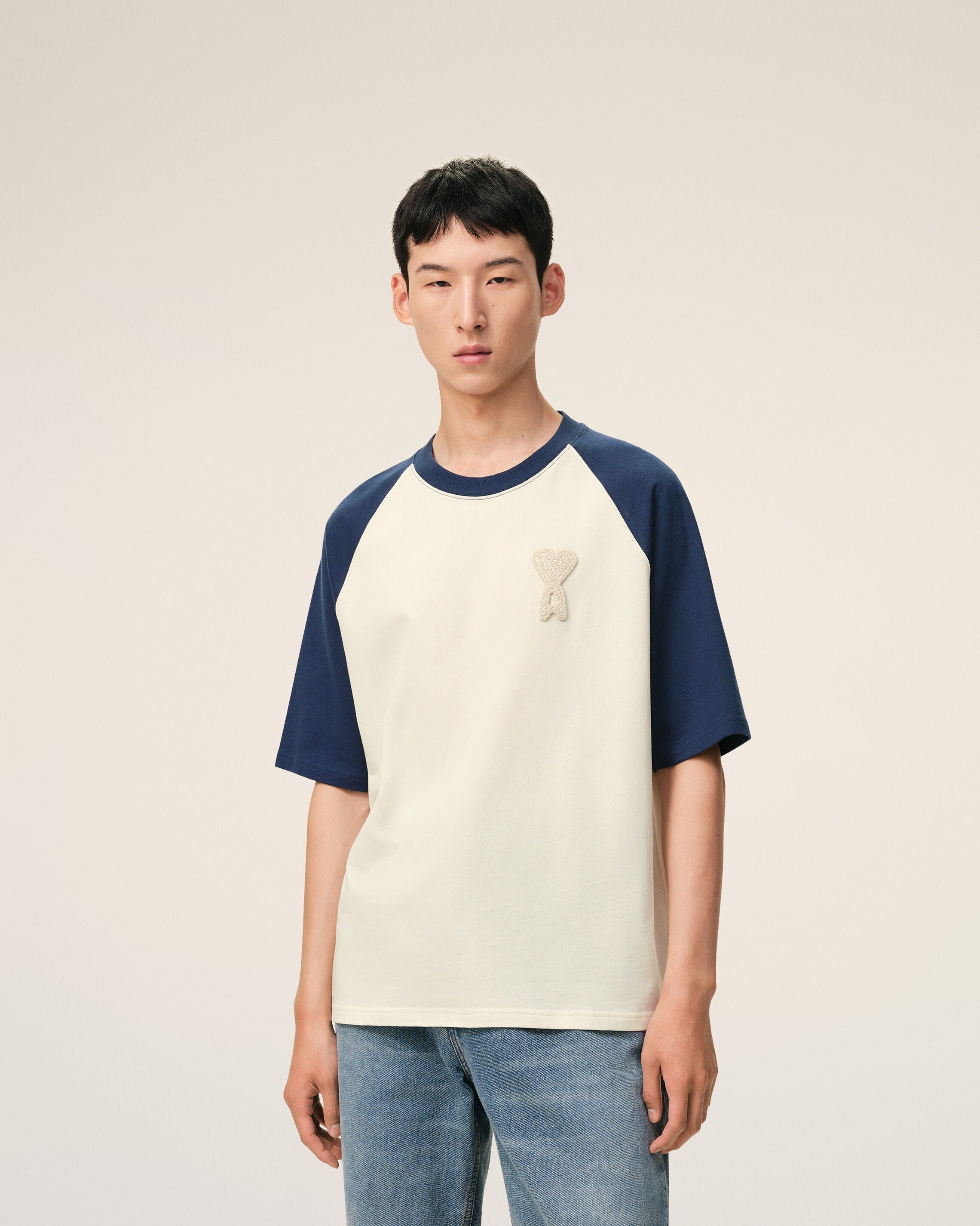 White And Blue Cotton Ami De Coeur Knitted Patch Tshirt
