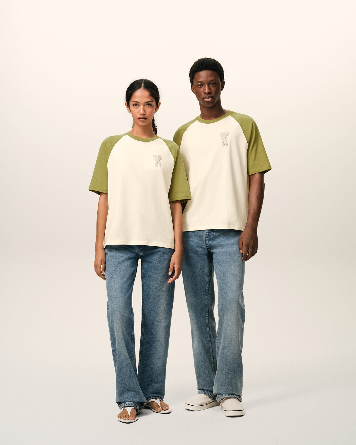 White And Green Cotton Ami De Coeur Knitted Patch Tshirt