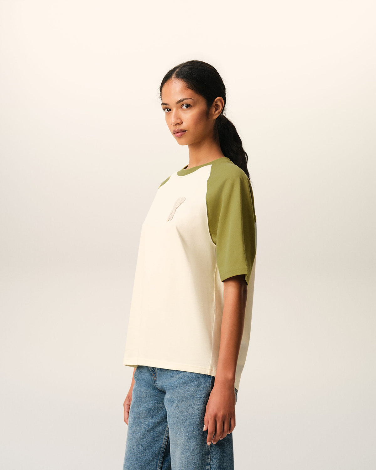 White And Green Cotton Ami De Coeur Knitted Patch Tshirt